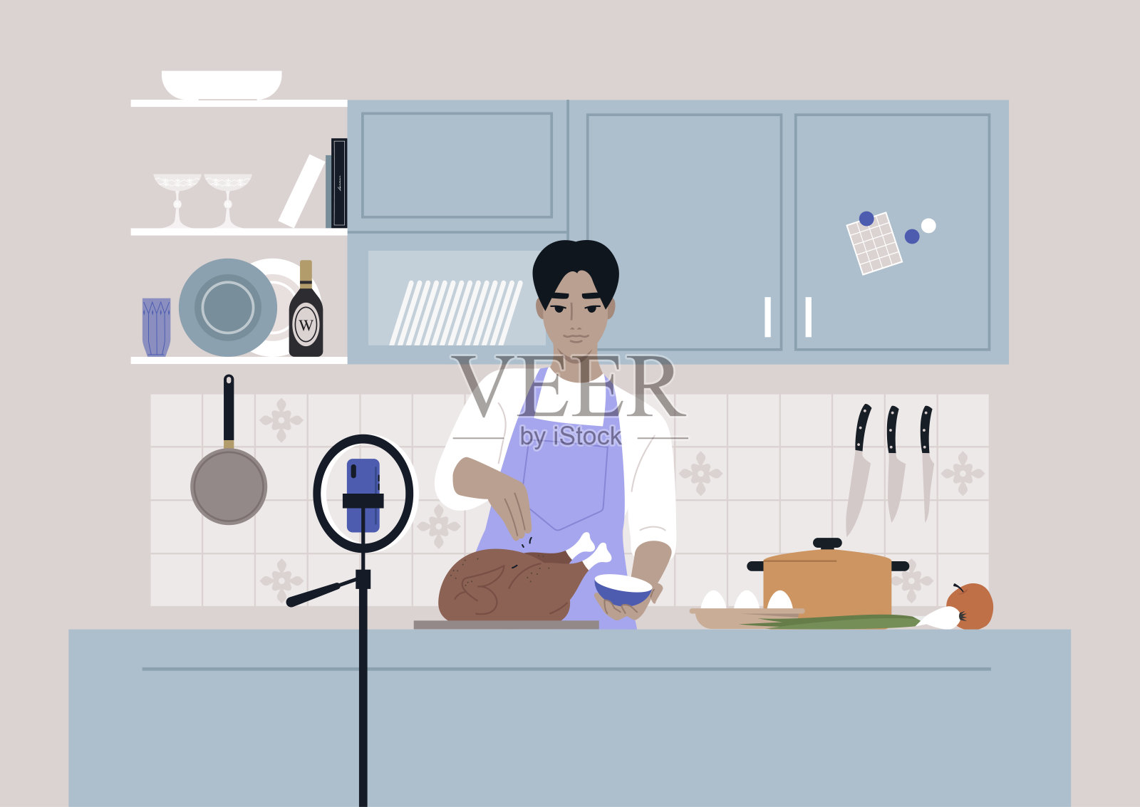 一场烹饪秀，一个年轻的亚洲男性角色在镜头前烹饪一只烤火鸡，一部手机放在三脚架上插画图片素材