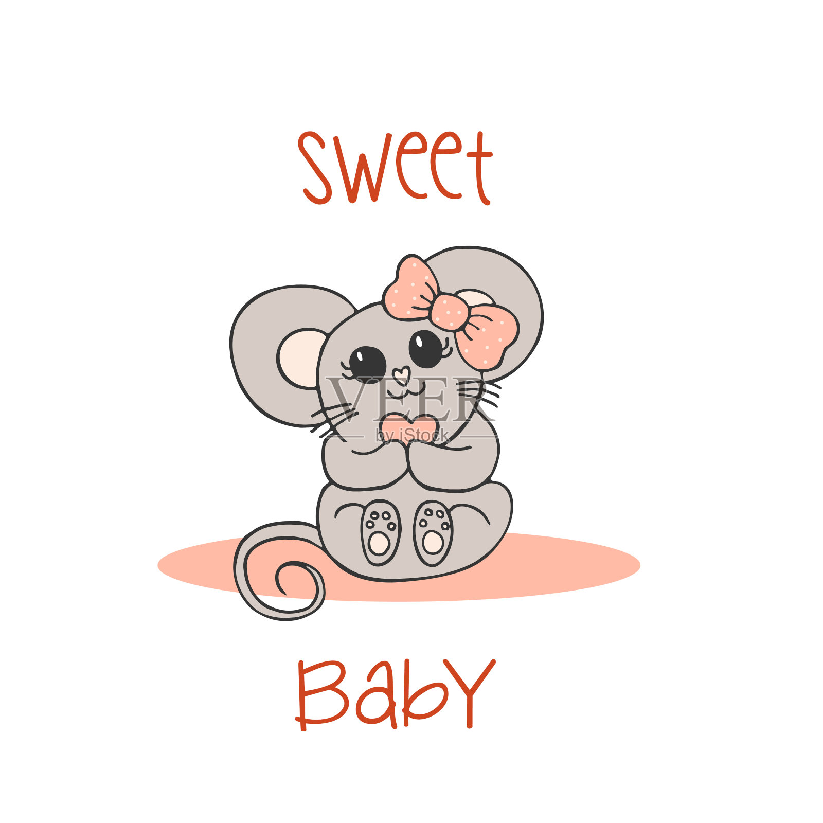 手画可爱的动物与字母。一只戴着粉色蝴蝶结和心形的老鼠。甜蜜的宝贝。白色背景。向量。设计元素图片