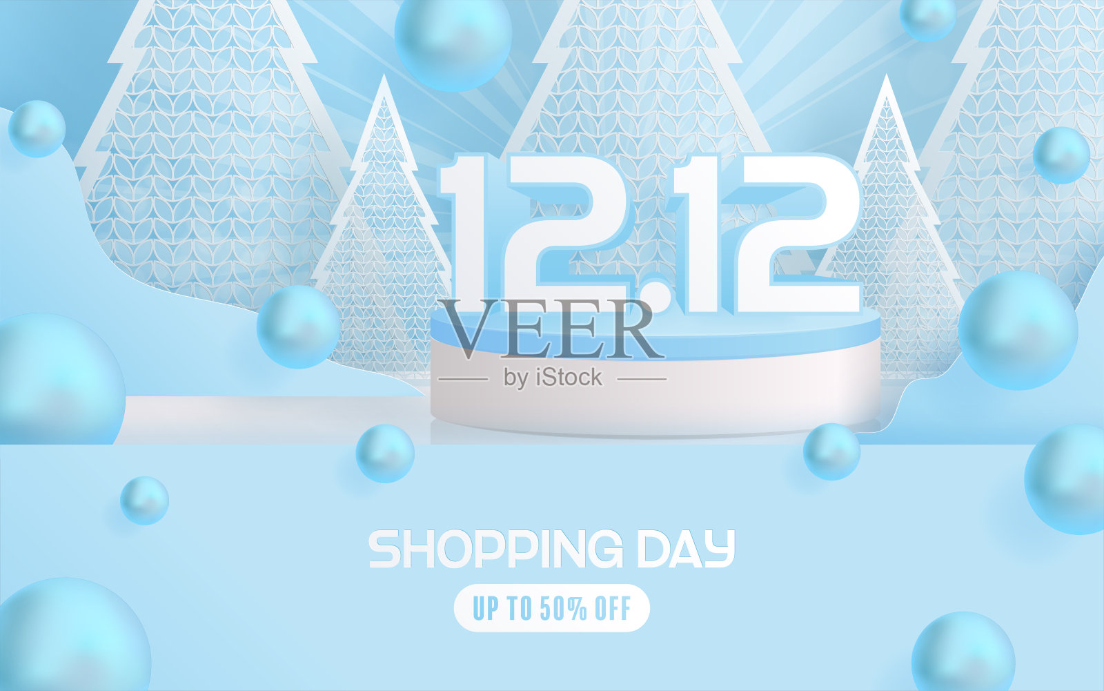 12.12购物节，演讲营销横幅设计以冬季为背景，圆形讲台，雪花，飘浮的丝带与工艺风格。设计模板素材