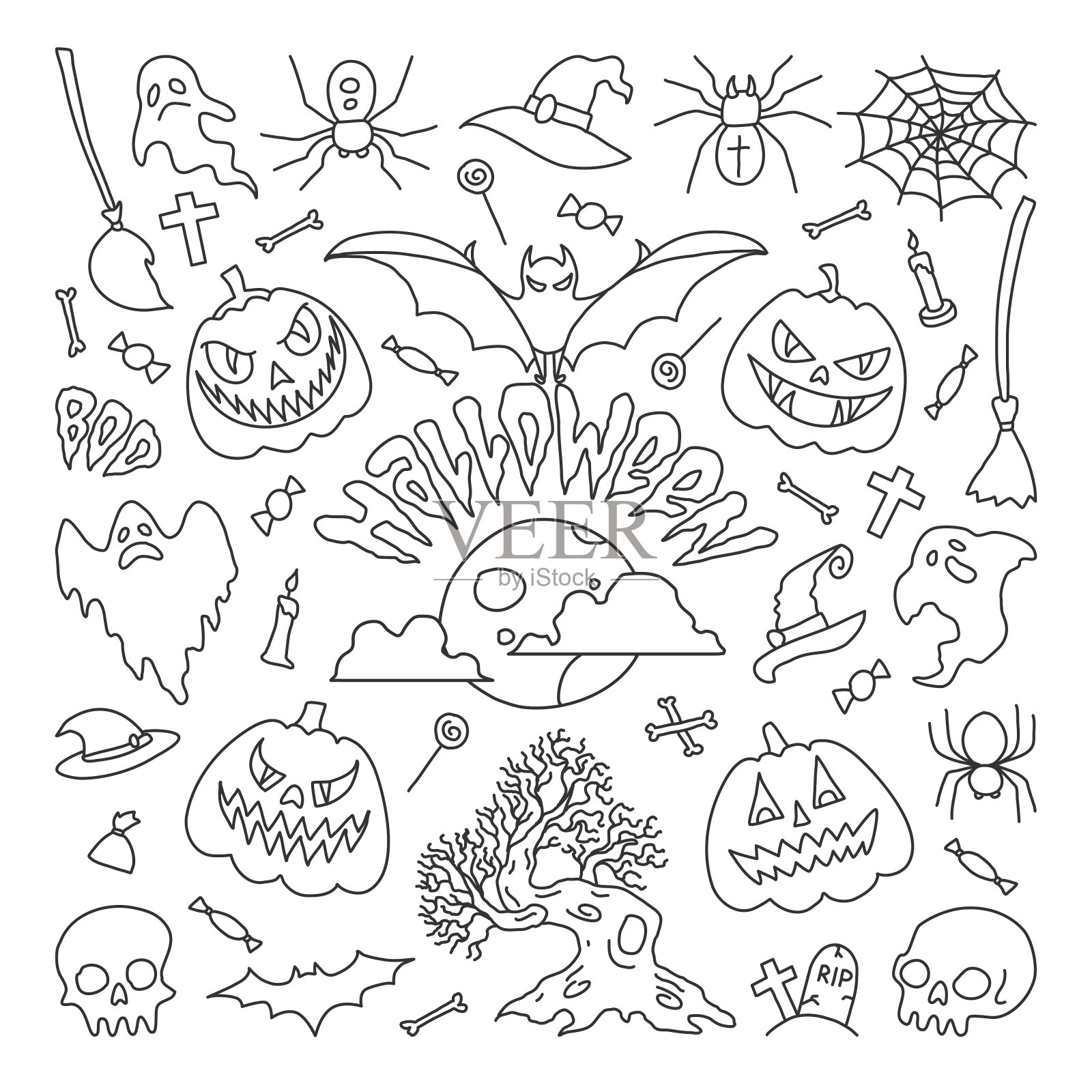 万圣节派对元素。卡通风格的一组图标。semless模式插画图片素材