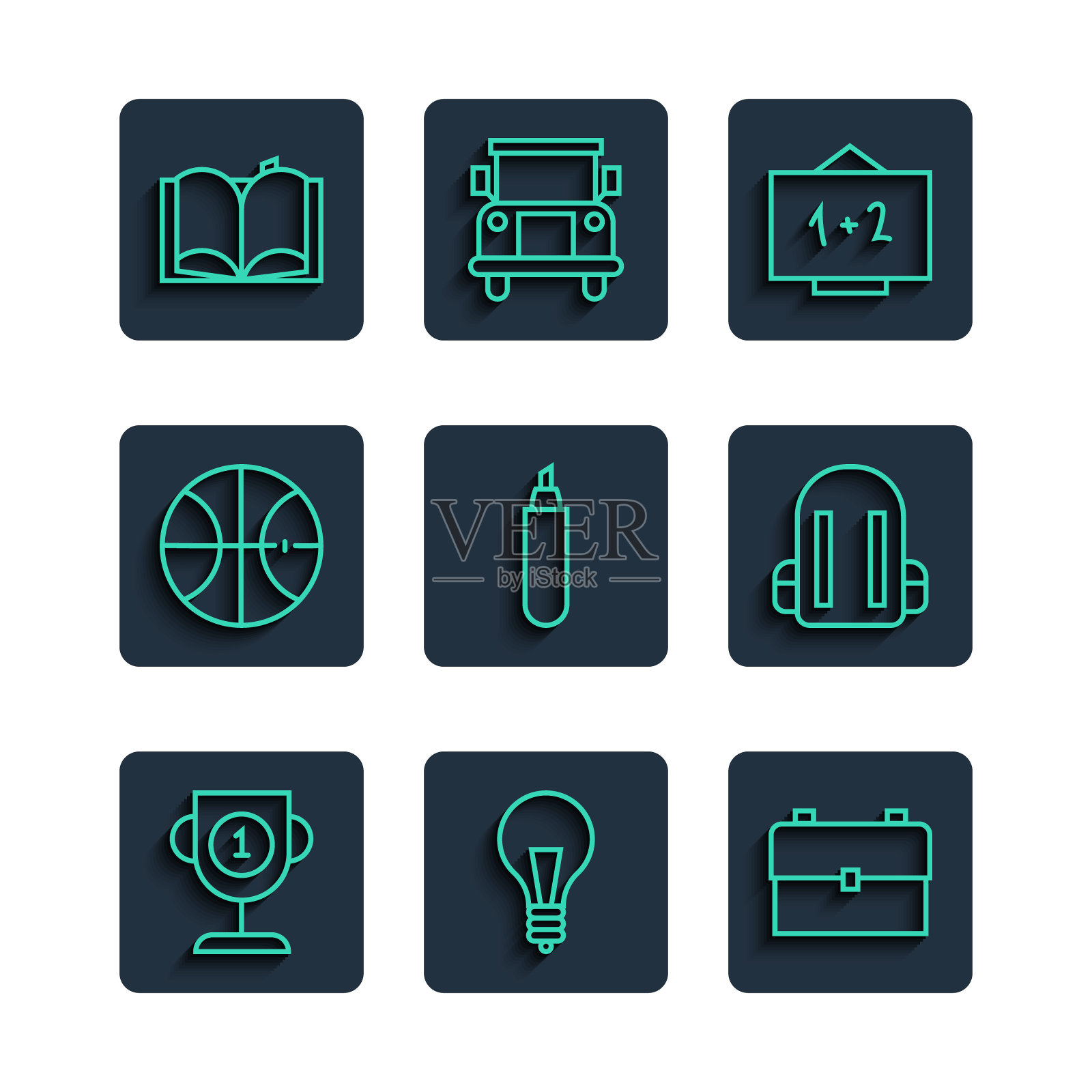 设置线奖杯，灯泡与概念的想法，学校背包，黑板，马克笔，篮球，翻开书和图标。向量图标素材