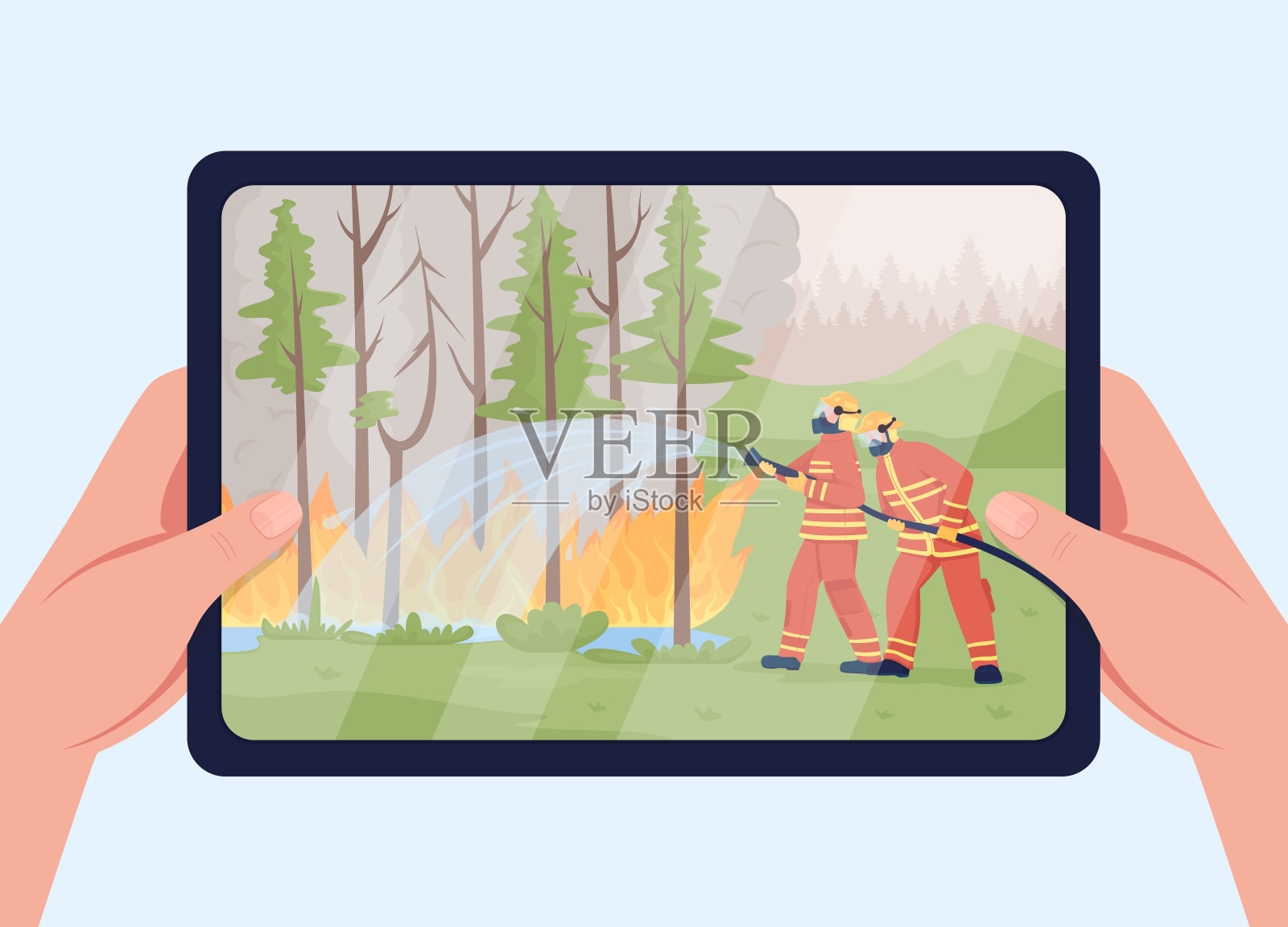 在平板上扑灭野火的颜色矢量插图插画图片素材