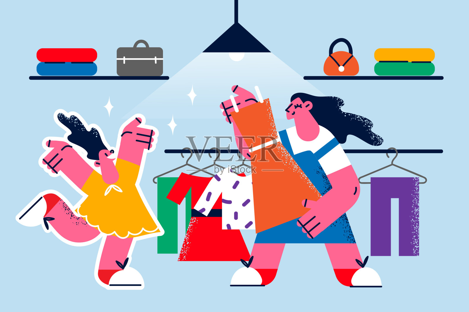 快乐母女一起买衣服插画图片素材