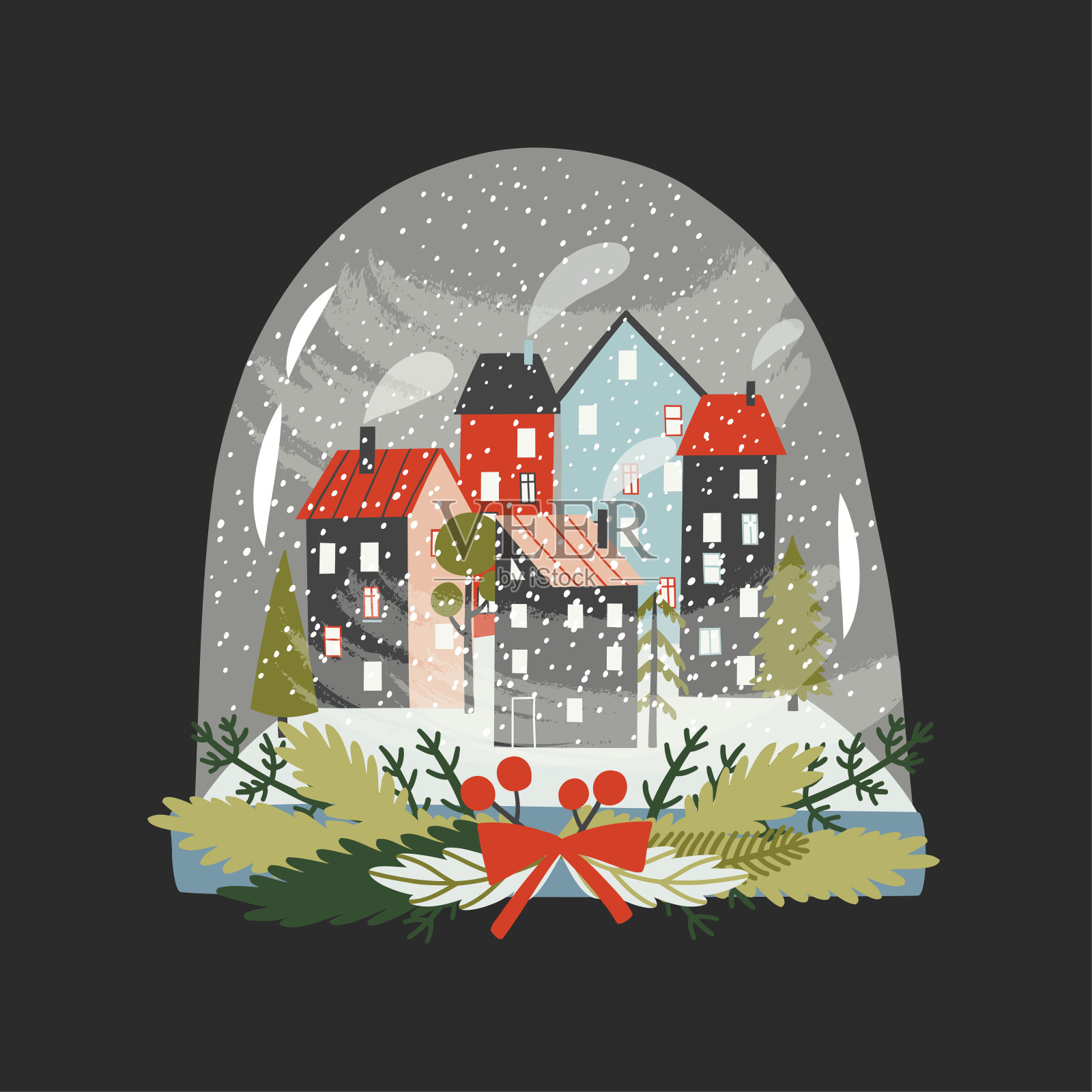 扁平风格的雪花玻璃球。雪花玻璃球，有雪花和圣诞符号。矢量插图设计明信片，织物，包裹。设计元素图片