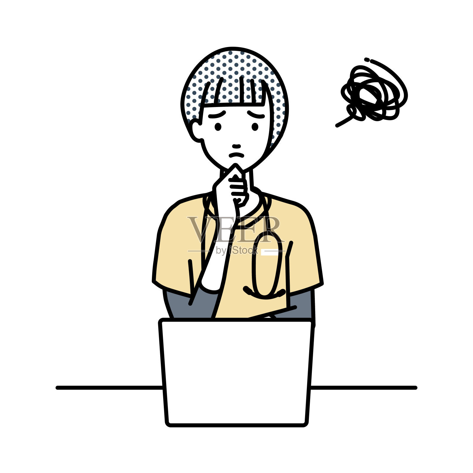 一个使用笔记本电脑的女护士，她的手指在她的桌子上的下巴上有问题插画图片素材