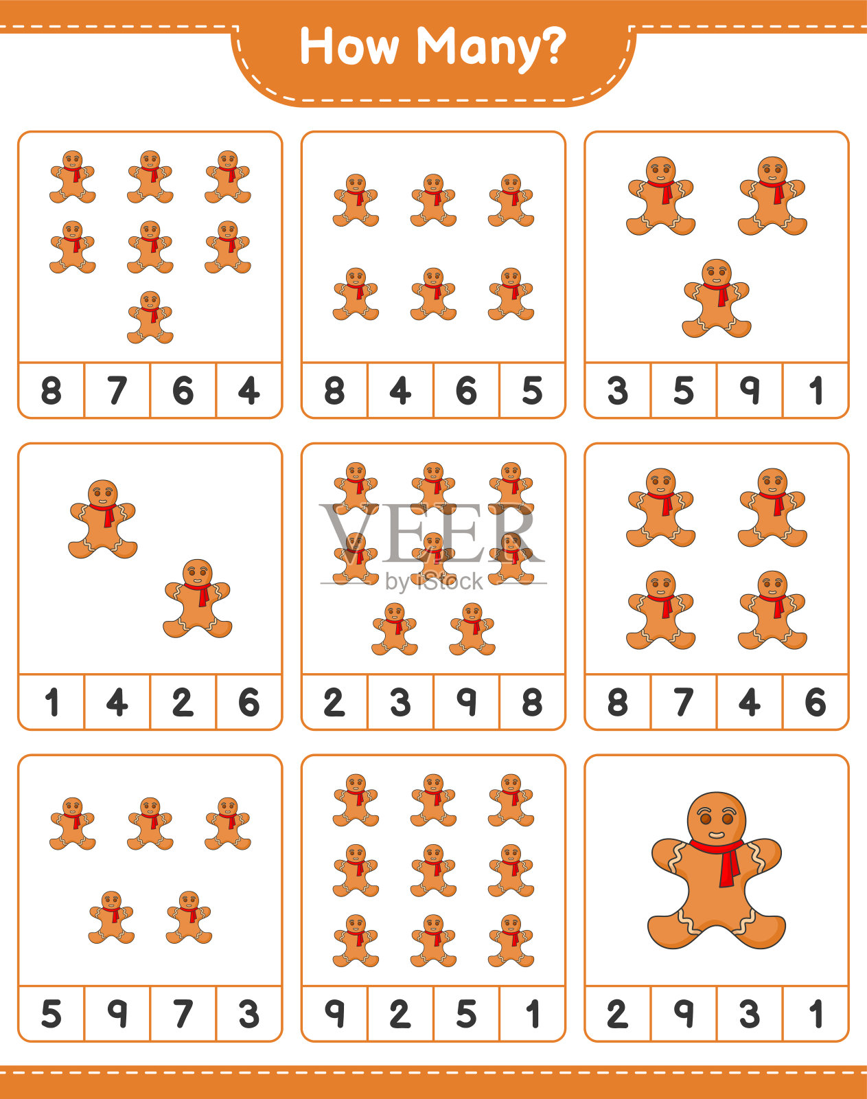 数数游戏，有多少姜饼人。教育儿童游戏，可打印的工作表，矢量插图插画图片素材