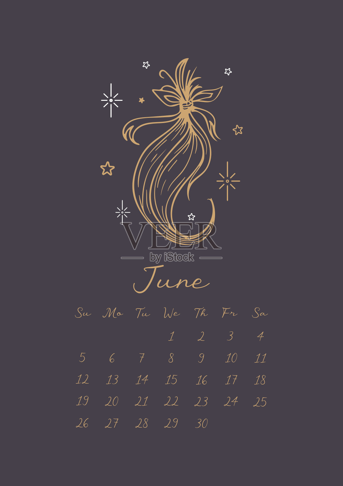 2022年的魔法日历。这个月是六月。一束头发是为了魔法或爱情符咒，火花，星星。矢量复古插图的魔术物品。用于日历，计划，笔记，组织者插画图片素材