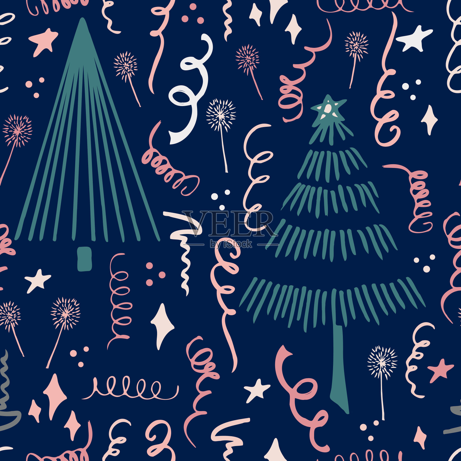 圣诞节背景派对庆祝矢量无缝模式风格的圣诞树与糖果礼物和烟花。墙纸包装纸，邀请，纸和卡片，网站背景。插画图片素材