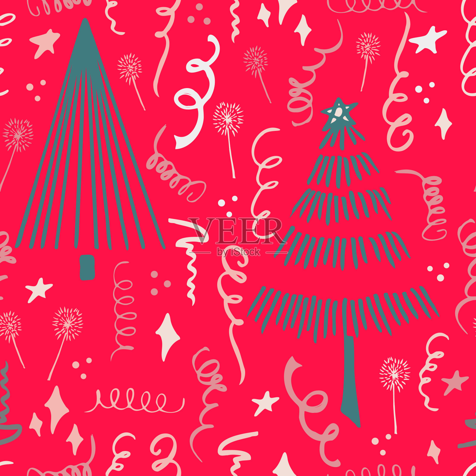 圣诞节背景派对庆祝矢量无缝模式风格的圣诞树与糖果礼物和烟花。墙纸，包装纸，邀请函，纸和卡片，网站背景。插画图片素材