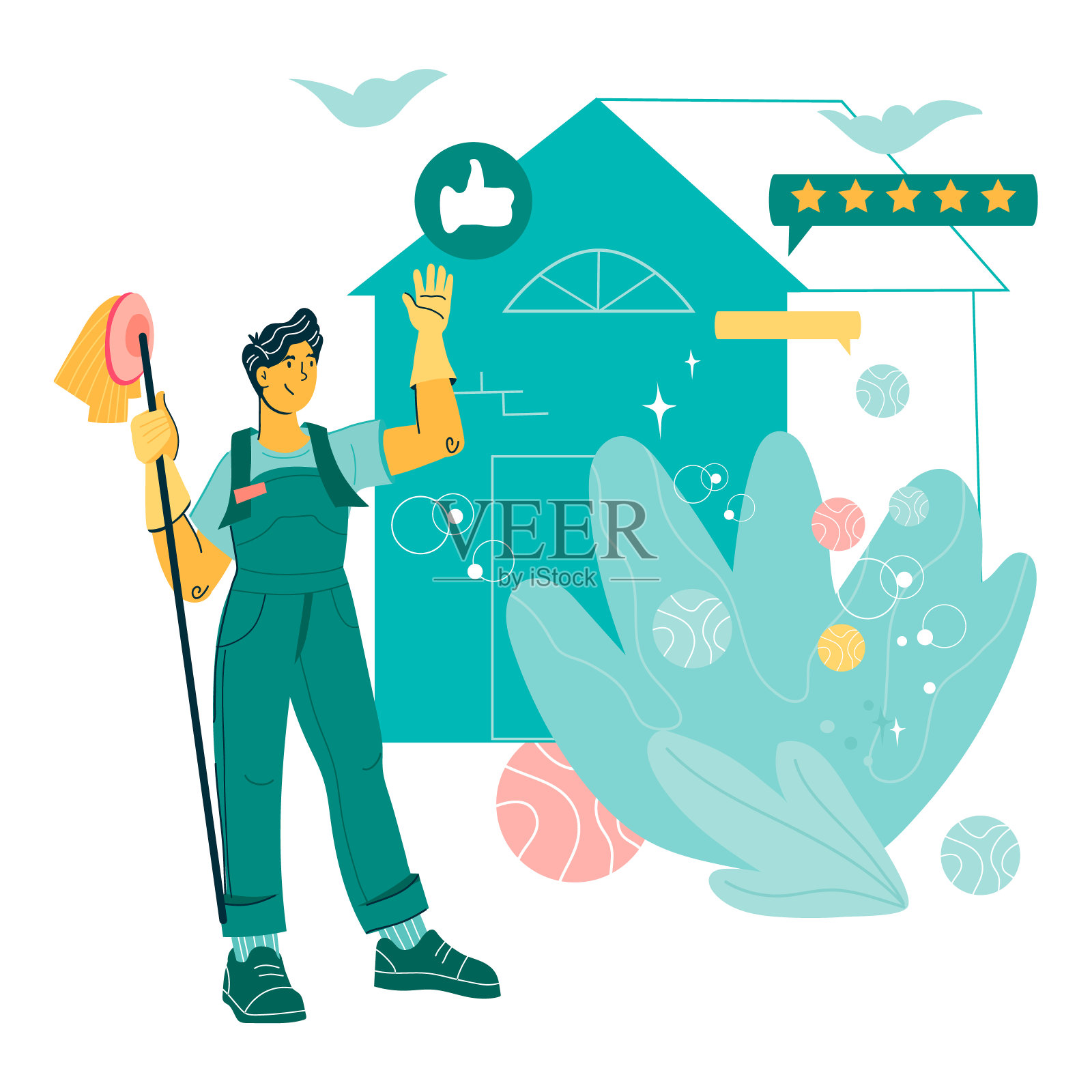 清洁服务公司横幅与清洁器，平坦向量在白色背景。插画图片素材