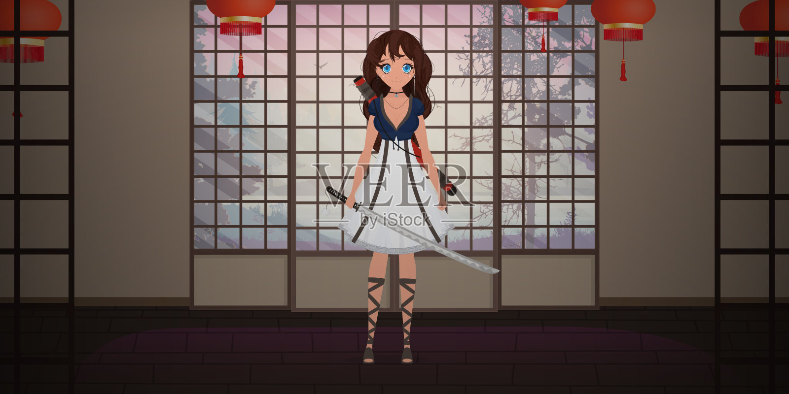 在一所日本房子的房间里，一个穿着白色衣服，拿着武士刀的女孩。动漫武士的女人。插画图片素材