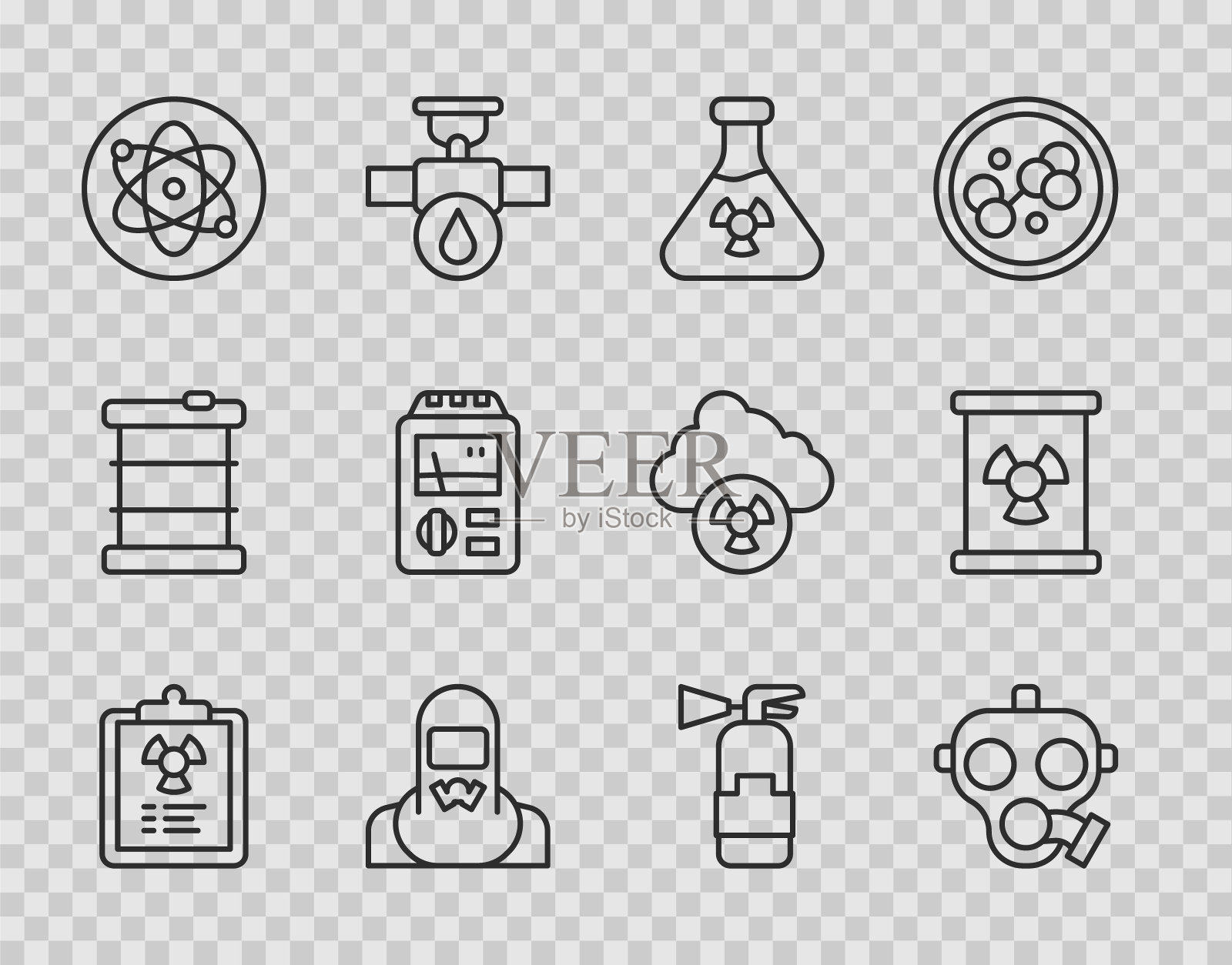 设置辐射警告文件，防毒面具，试管辐射，核反应堆工作人员，原子，剂量计，灭火器和放射性废物桶图标。向量图标素材