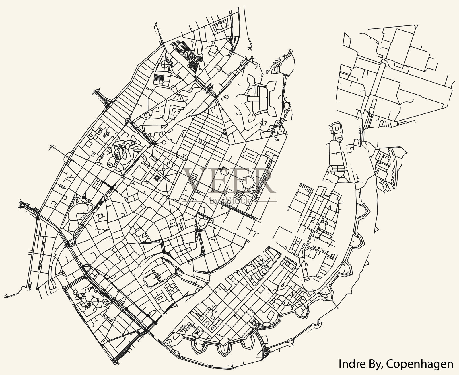 丹麦哥本哈根市因德尔街道地图插画图片素材
