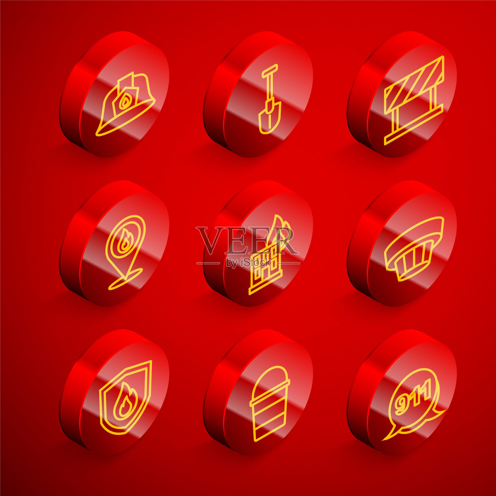 设置消防安全帽、铁铲、道路障碍物、防火位置、燃烧建筑物内、烟雾报警系统、防护屏和铲斗图标。向量图标素材