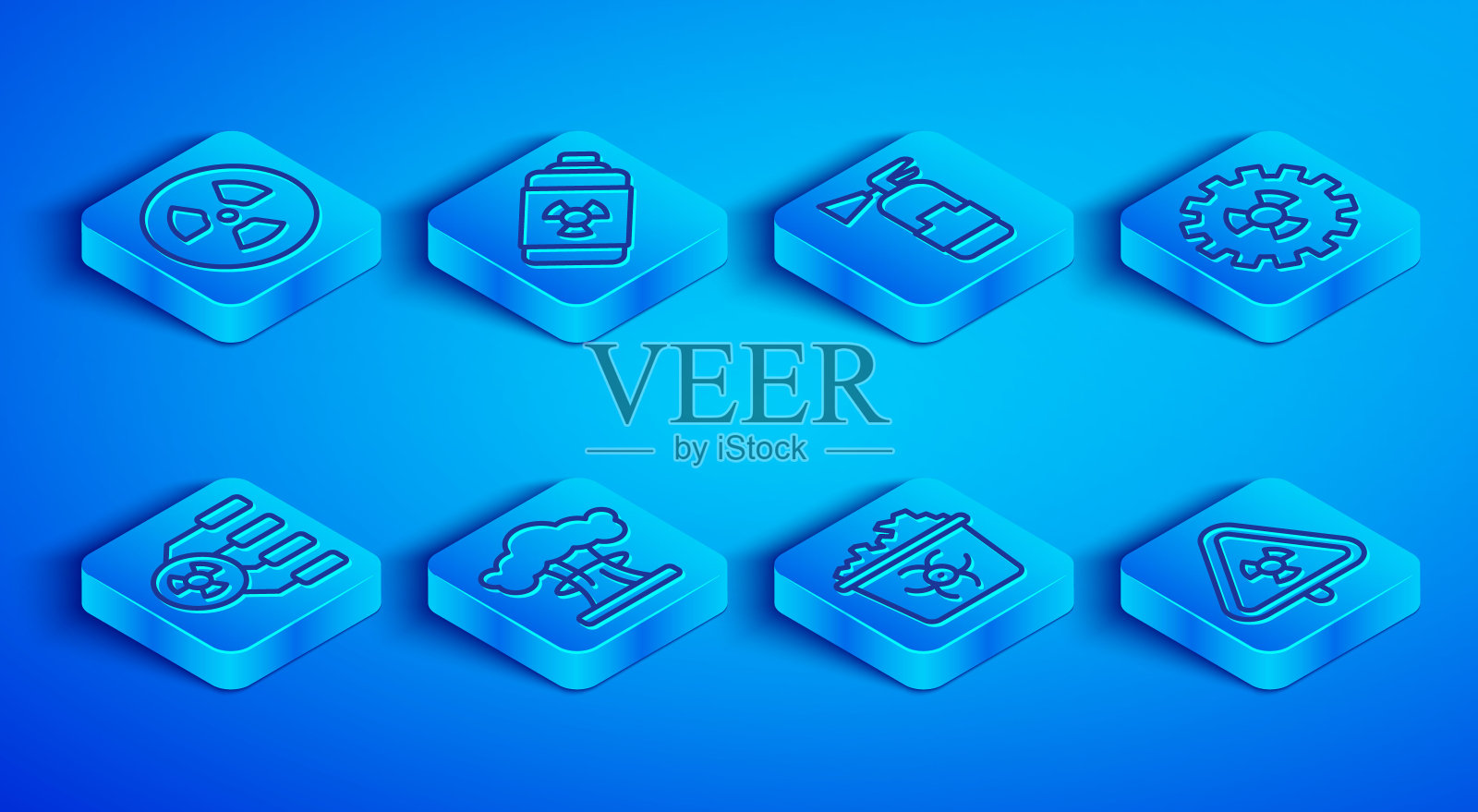 设置线放射性，核能电池，灭火器，爆炸，传染性废物，三角形与辐射图标。向量图标素材