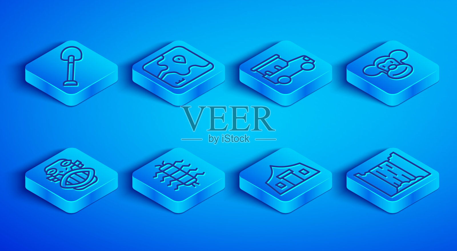 设置线铲，非洲safari地图，safari汽车，蜈蚣昆虫，游客帐篷，猴子，墨西哥玛雅或阿兹特克面具和瀑布图标。向量图标素材