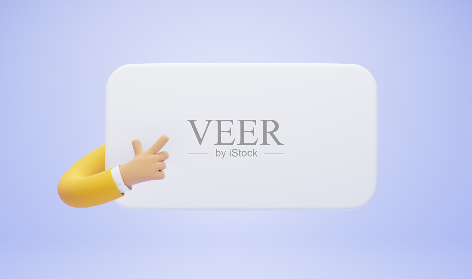 灵活的手卡通人物商人在黄色袖子指着空横幅模型，显示在船上，标牌或消息。有趣的剪辑艺术孤立在紫色背景，3d渲染照片摄影图片