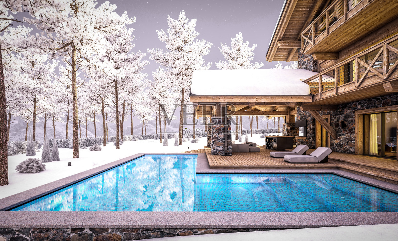 3D渲染现代舒适木屋冬日傍晚照片摄影图片