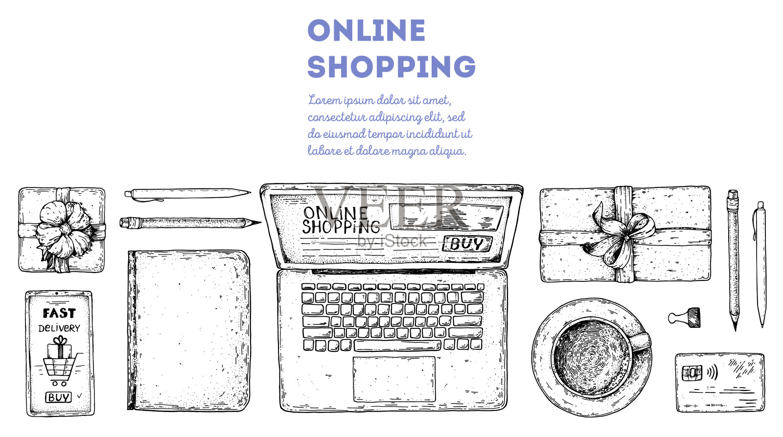网上购物。手绘矢量插图。电子商务复古设计模板。用笔记本电脑、信用卡、智能手机、钢笔、笔记本手绘草图。顶视图表。插画图片素材