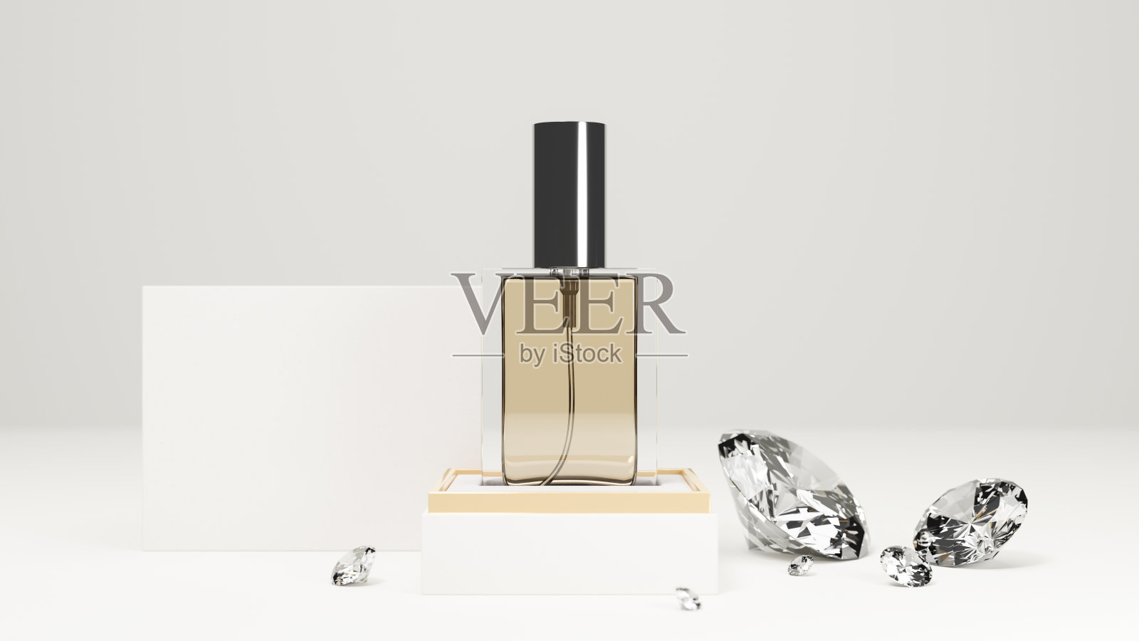 香水香水瓶模型站在白色背景的立方体讲台上照片摄影图片