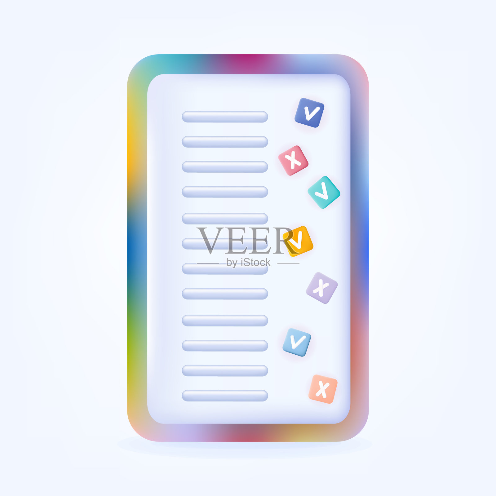 带答案的3d小测验。问卷调查与颜色测试结果。一种附有测验或考试答案的检查表的纸质表格。训练或教育竞赛或聪明的追求。矢量图图标素材