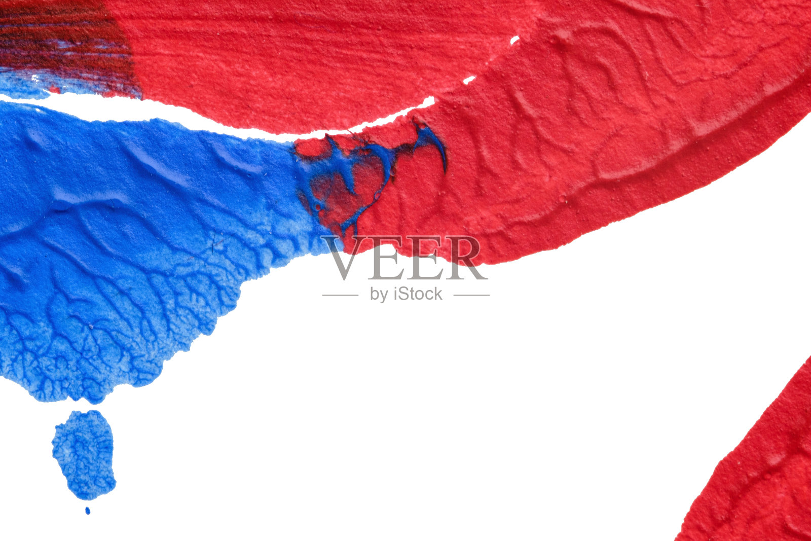 蓝、紫、红、黄抽象丙烯画在白色底色上采用墨迹法进行颜色纹理照片摄影图片