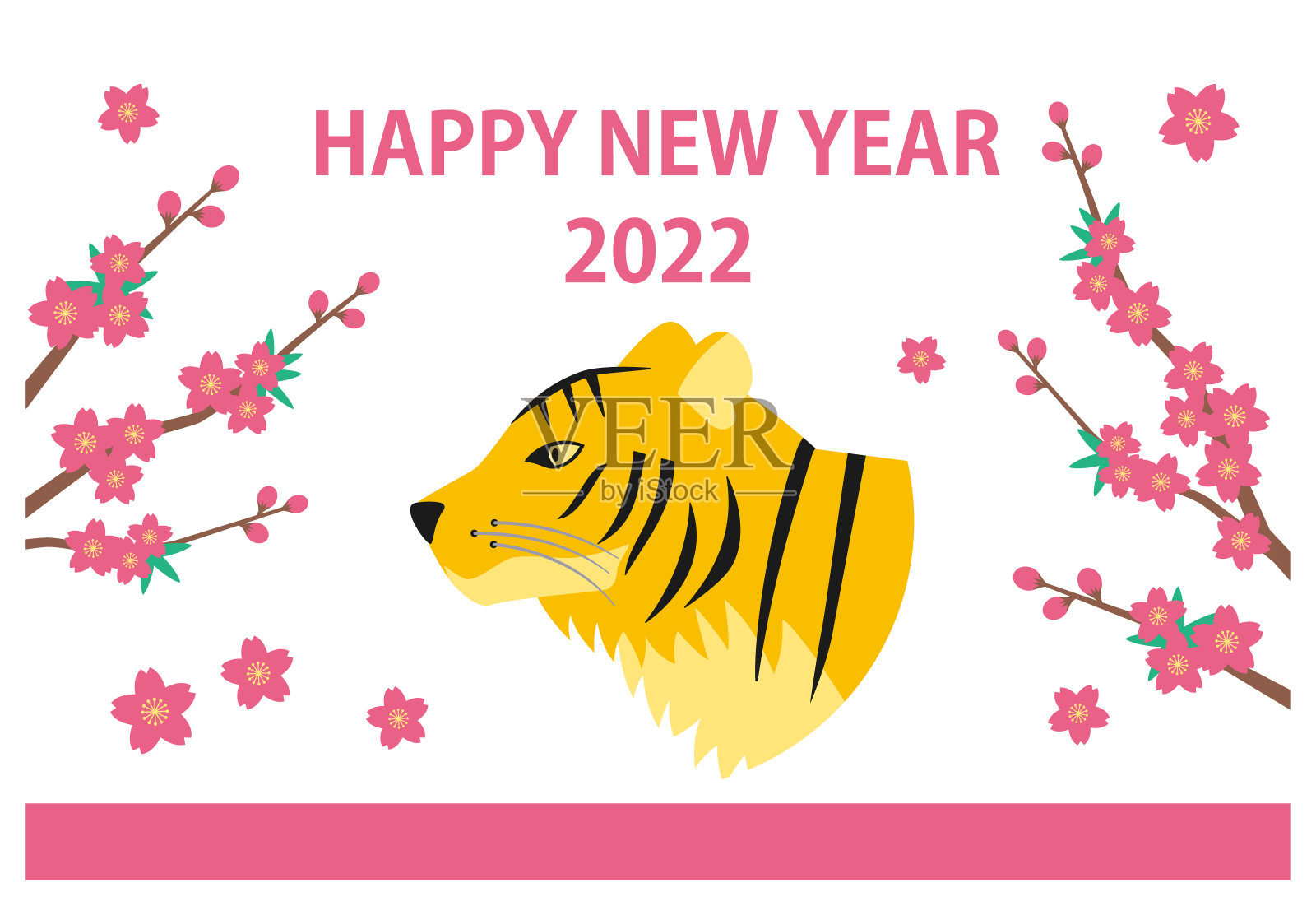 2022年新年贺卡模板。一只老虎和一枝樱花的插图。旁边。的字符。插画图片素材