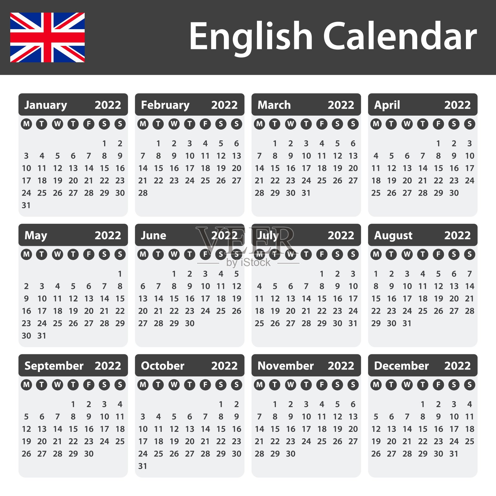 2022年英文日历。调度程序，议程或日记模板。一周从星期一开始设计模板素材