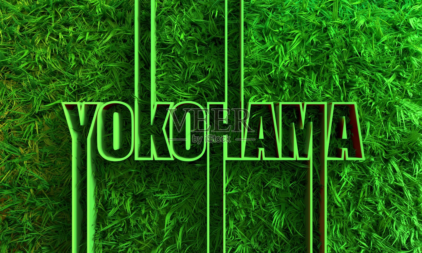 横滨市名以几何风格设计，以绿草为主照片摄影图片