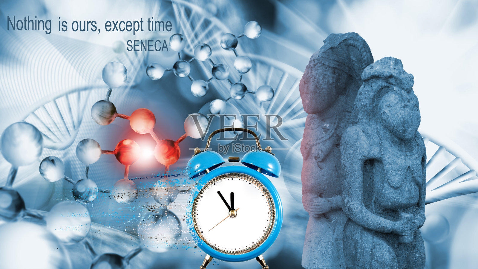 一个时钟的图像，从其中的粒子被分离，以飞行的DNA链和宗教人物的图像为背景。照片摄影图片