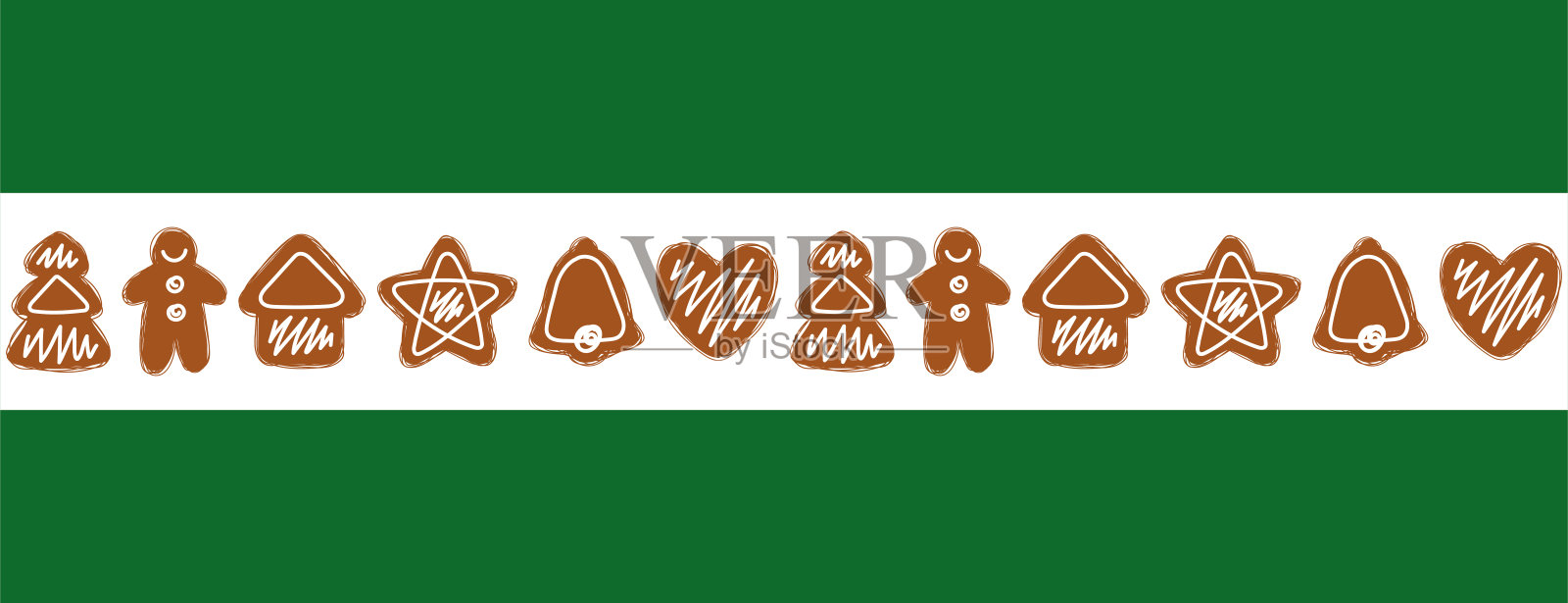 圣诞姜饼装饰条。美丽的风格化新年边界。姜饼圣诞饼干装饰糖衣。孤立的背景。可爱的手绘矢量插图。插画图片素材