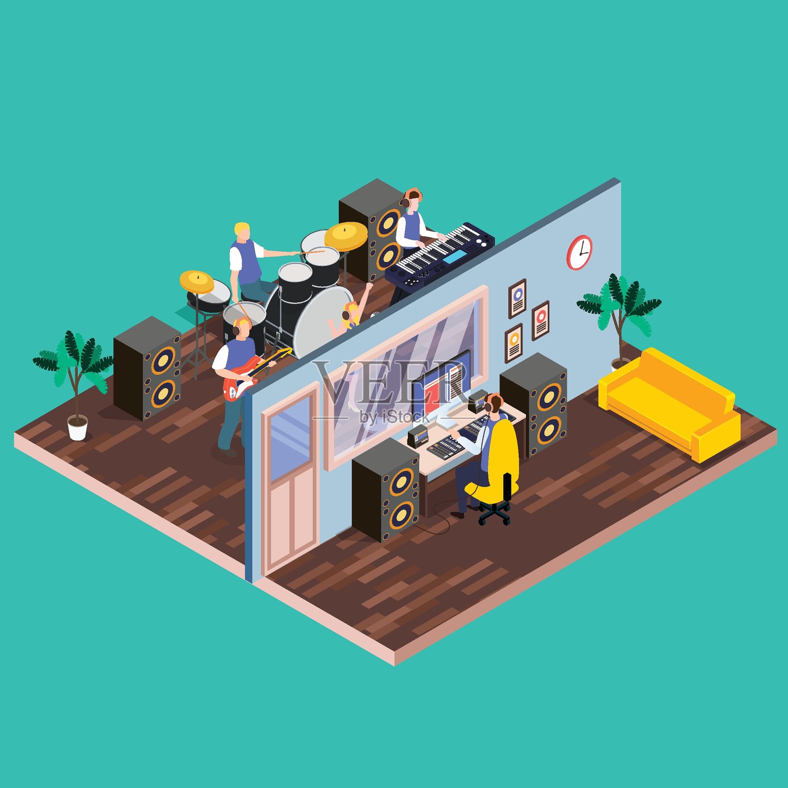 乐队录制歌曲一起等距3d插画图片素材