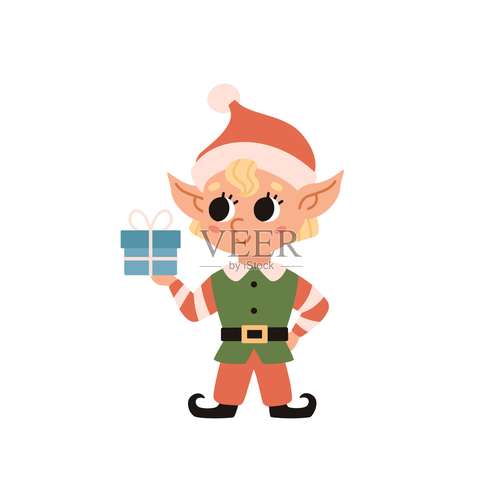 圣诞小精灵正拿着一个小礼物。设计元素图片