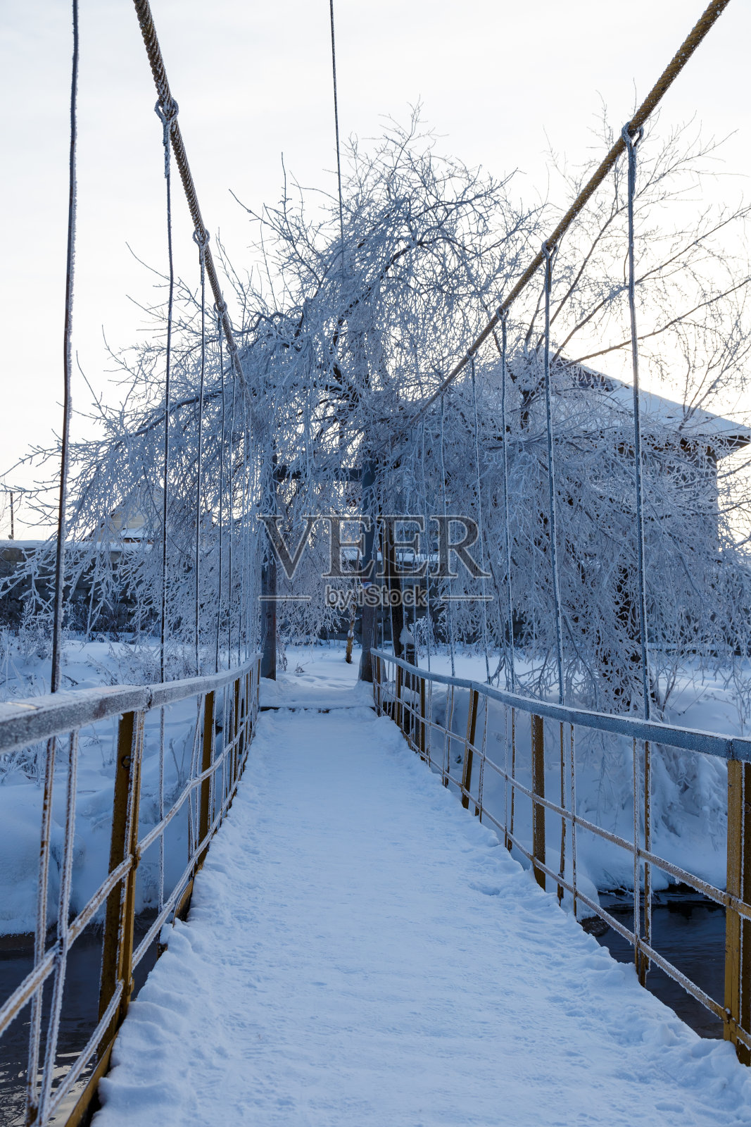 悬空人行天桥的背景是冬季的霜冻和郊区的房屋。结霜的树枝照片摄影图片
