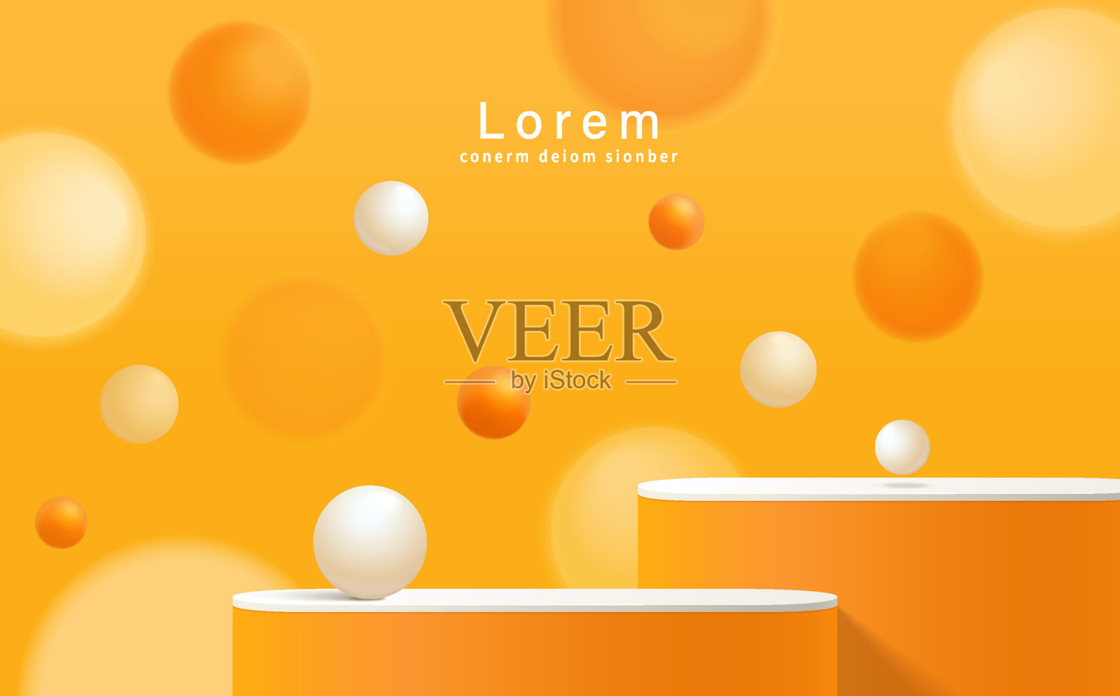 最小的抽象场景与讲台，空中飞行几何气泡形状的橙色背景。插画图片素材