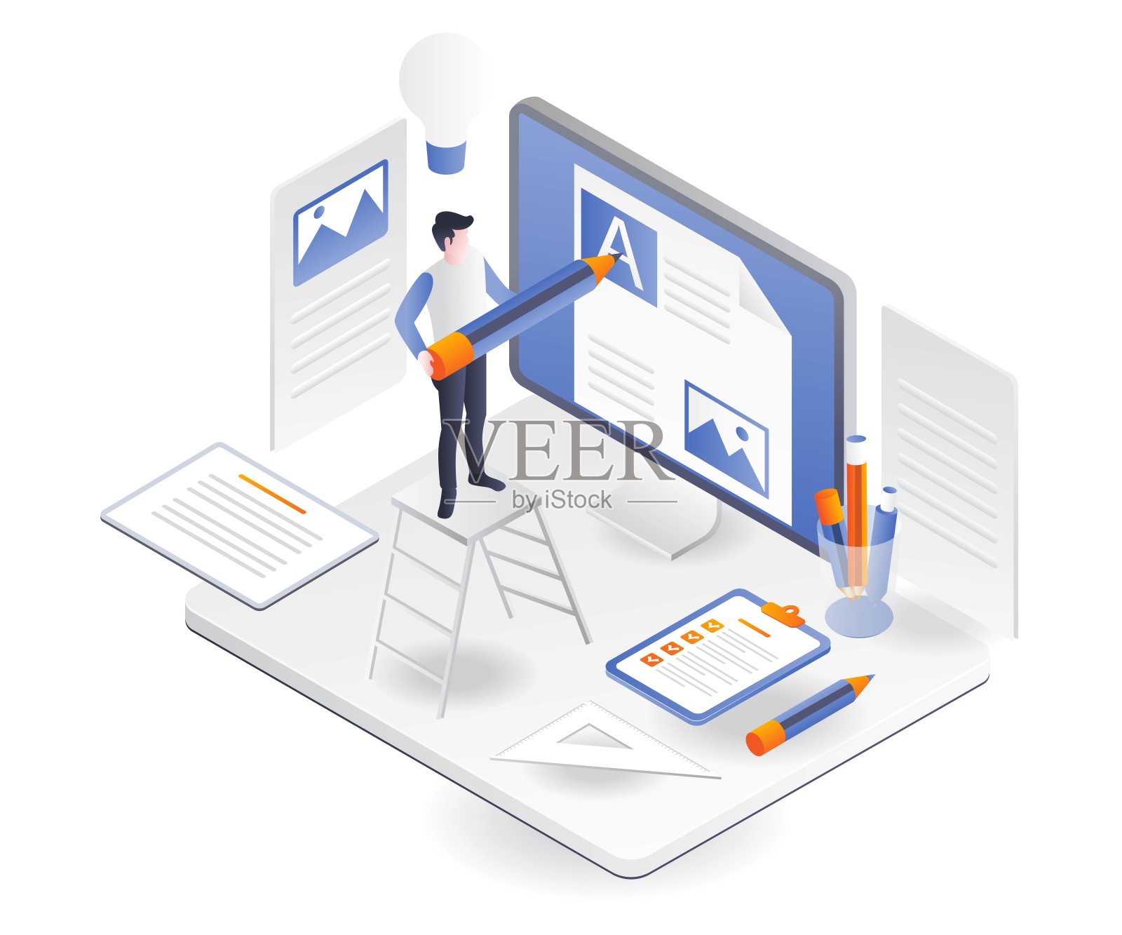 男人在博客和网络内容中插入想法插画图片素材