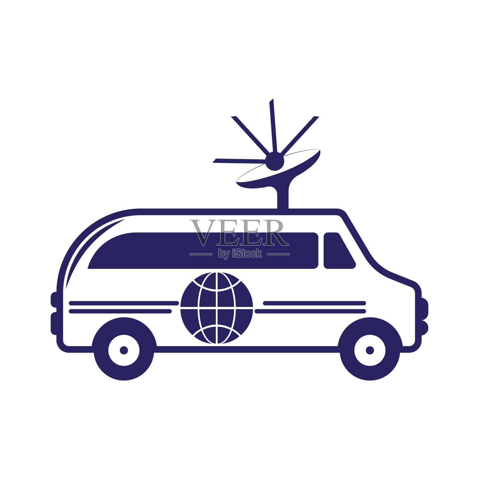 外广播车矢量设计。车顶装有卫星天线的卡车。插画图片素材