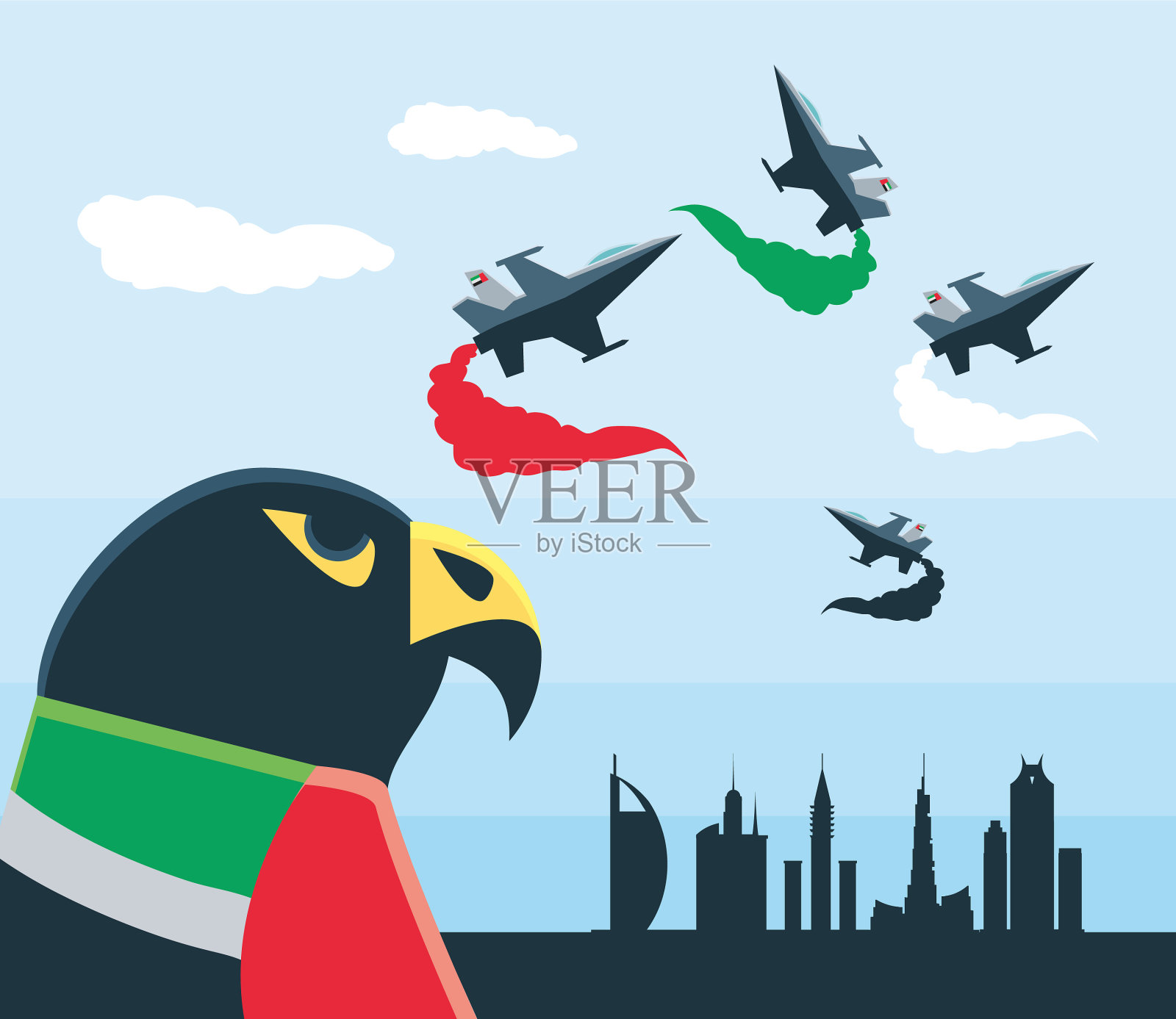 阿联酋空军飞机和城市插画图片素材