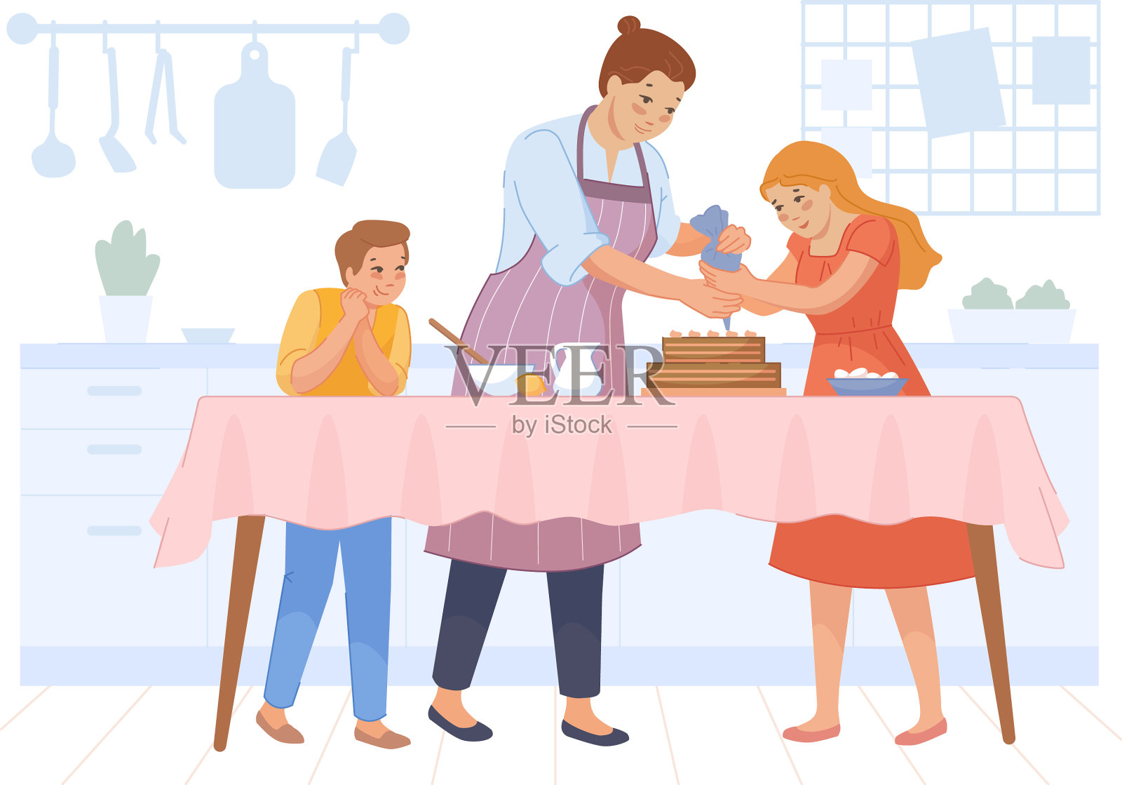 孩子们帮助妈妈做蛋糕，妈妈厨师和孩子设计元素图片