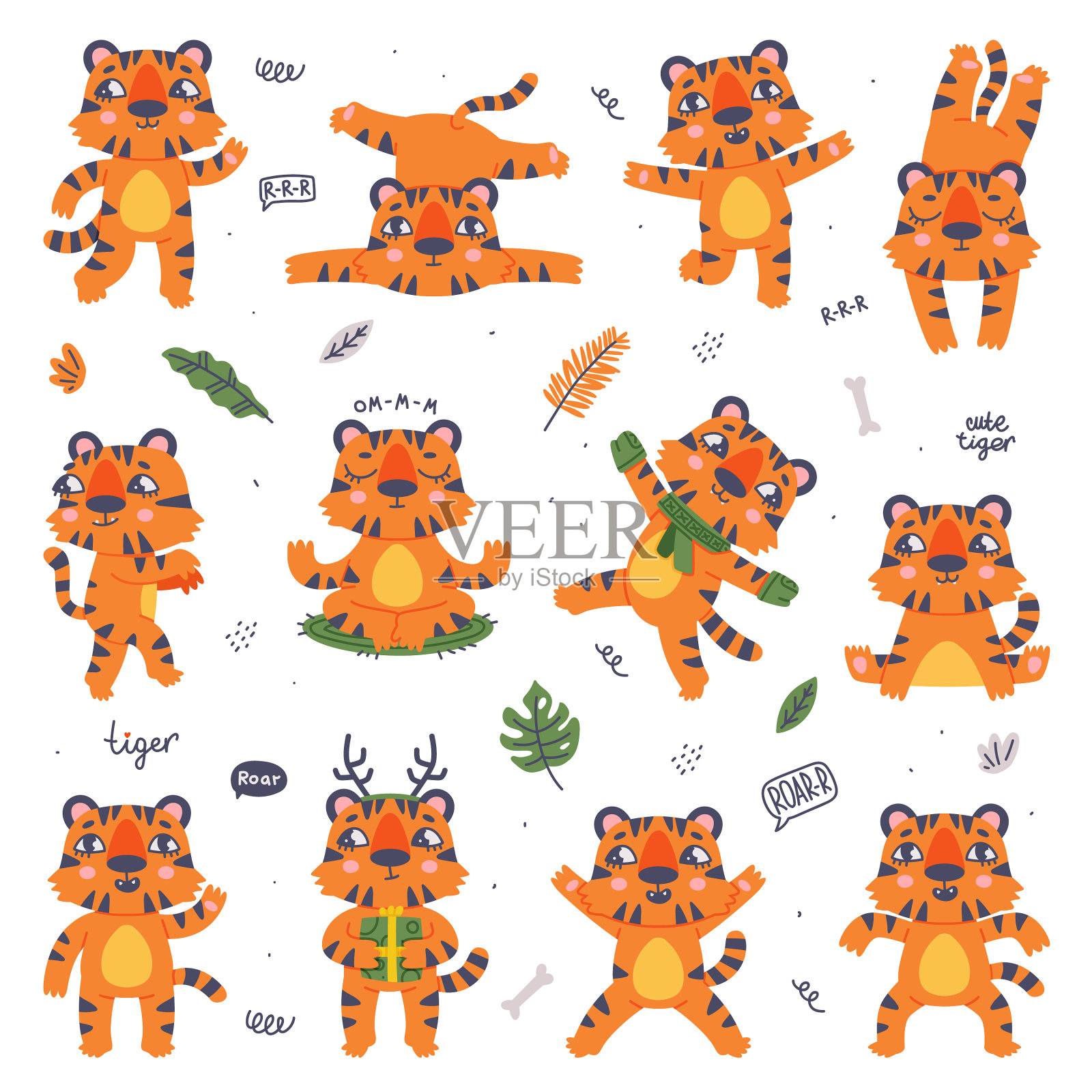 可爱的带条纹的小老虎和橙色的皮毛插画图片素材