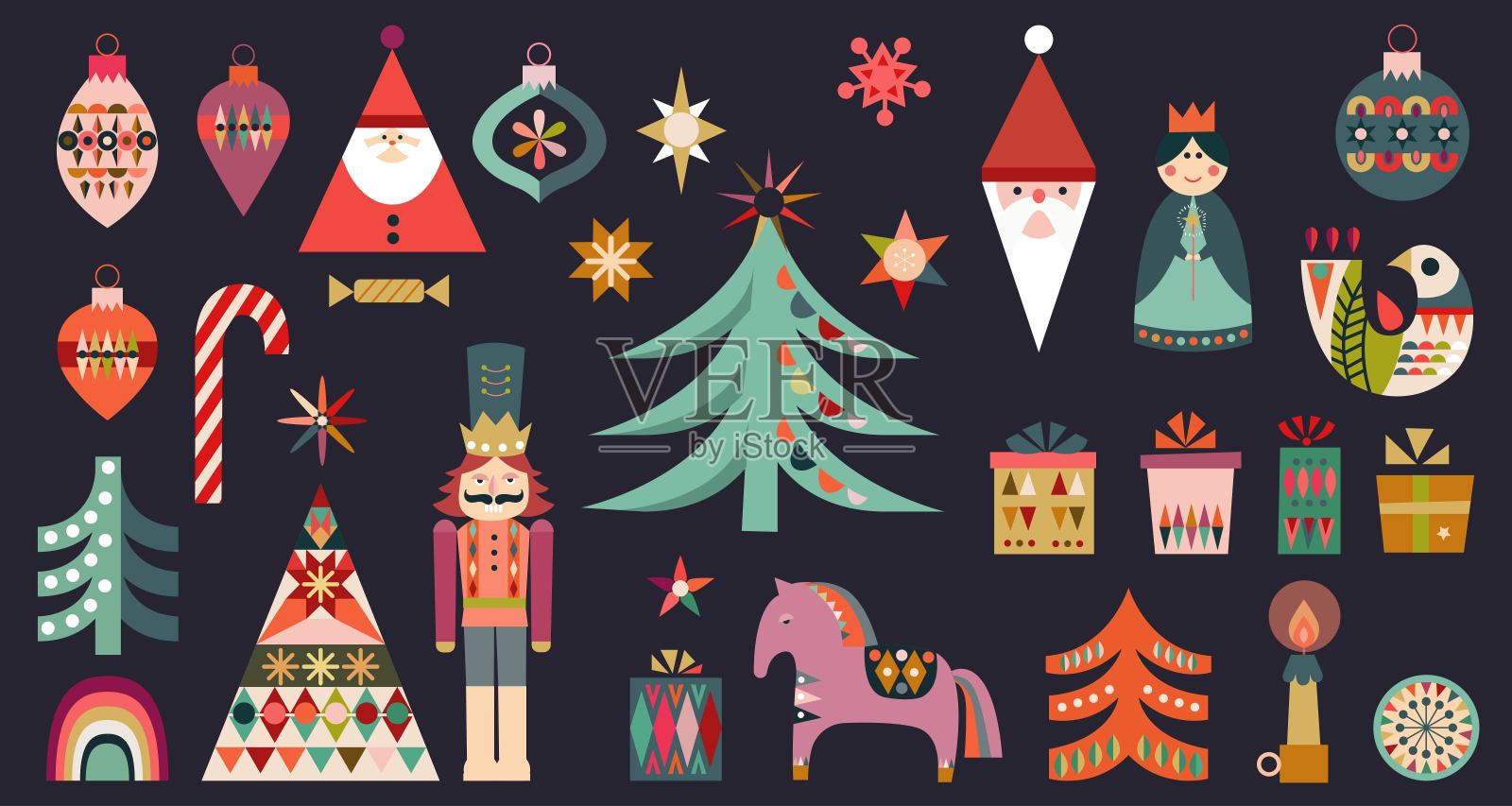 抽象的民间圣诞元素以扁平化风格、几何造型、冬季设计为主插画图片素材