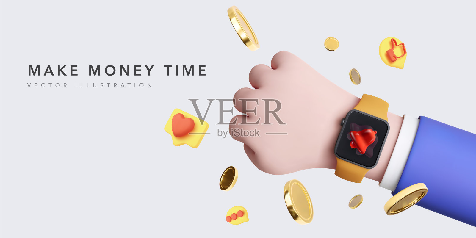 赚钱横幅概念。现实的社会图标，硬币，一个带时钟的指针，收到通知。矢量图插画图片素材