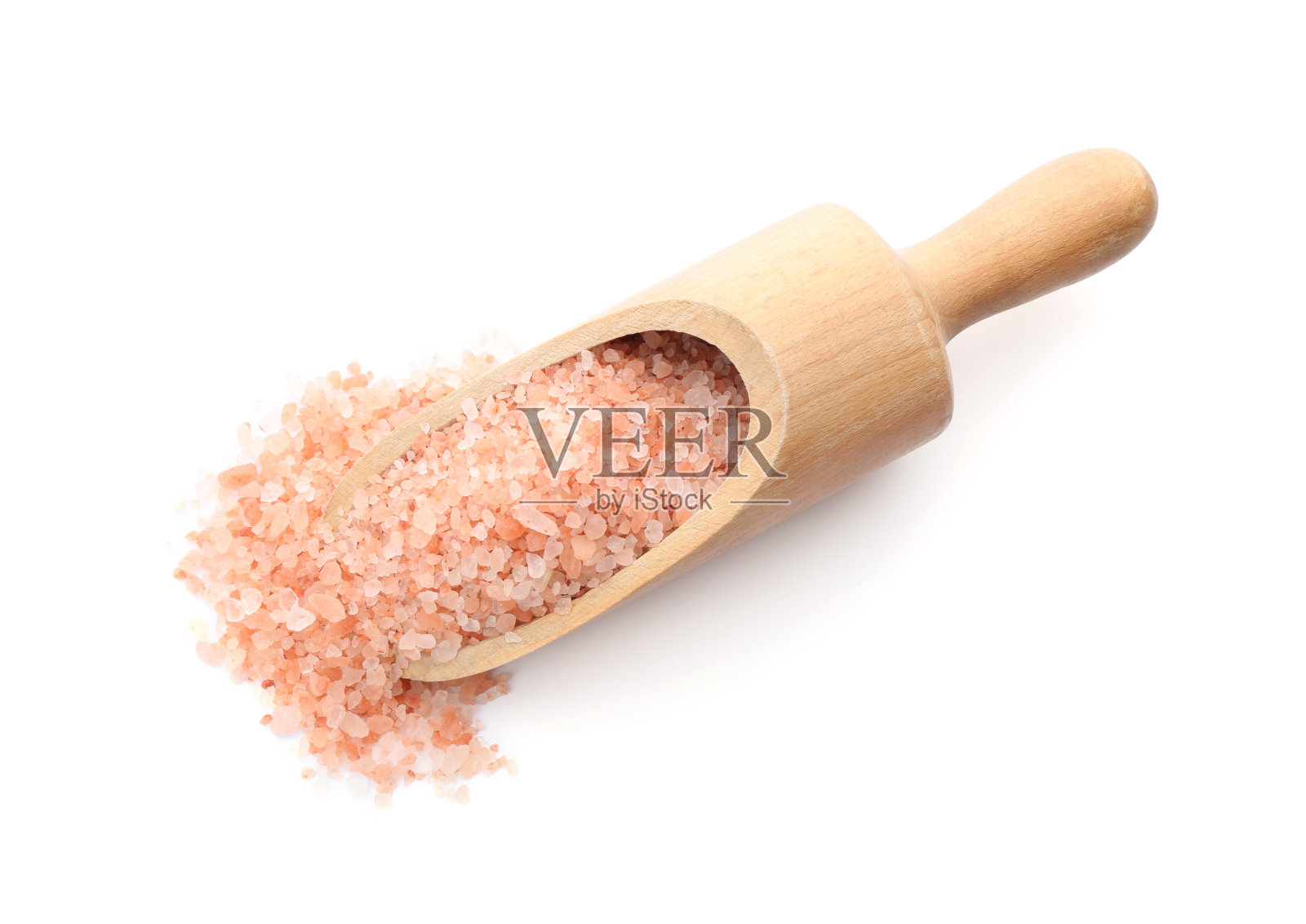 木勺粉红色喜马拉雅盐孤立在白色，俯视图照片摄影图片