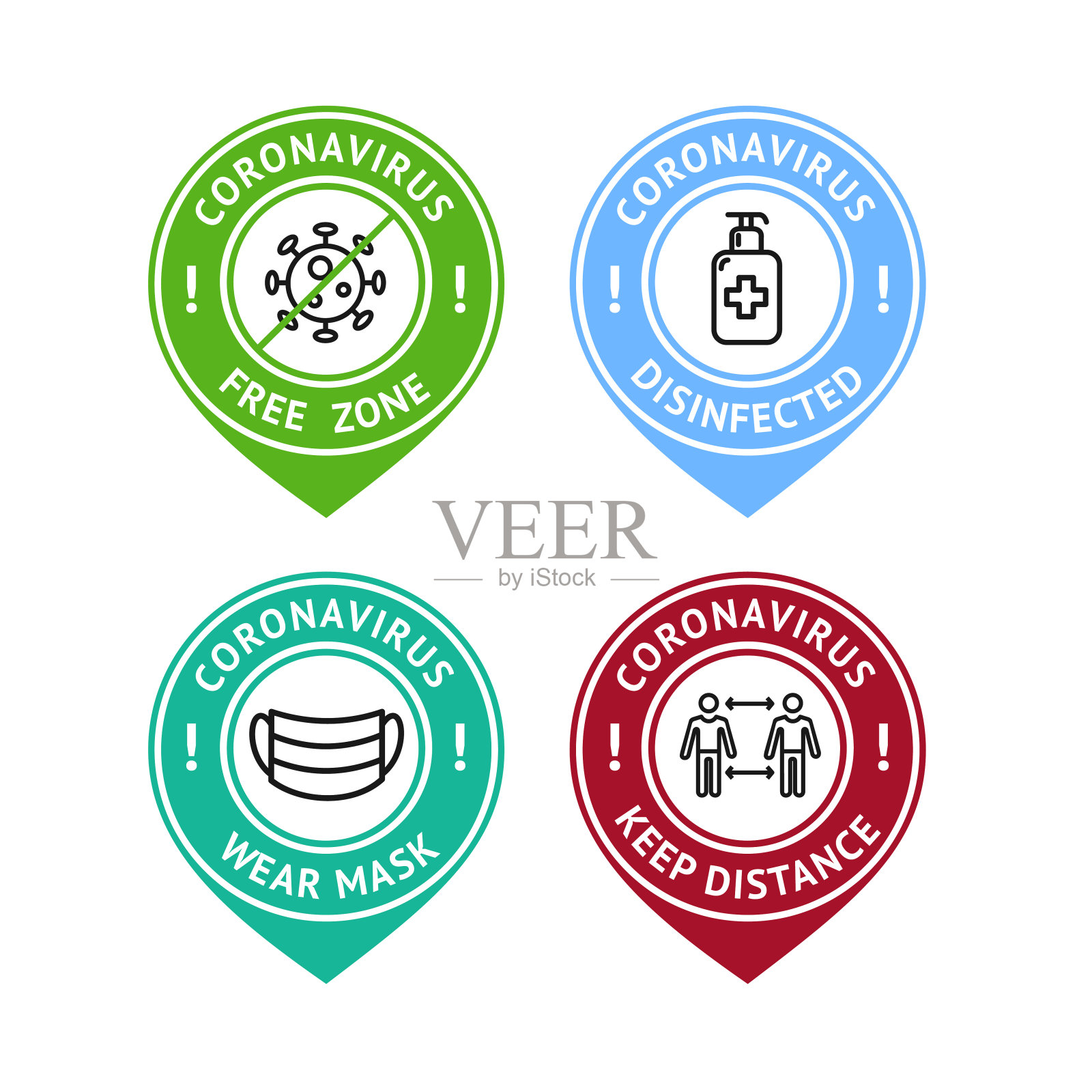 带有细线图标集的不同颜色Covid徽章。向量插画图片素材
