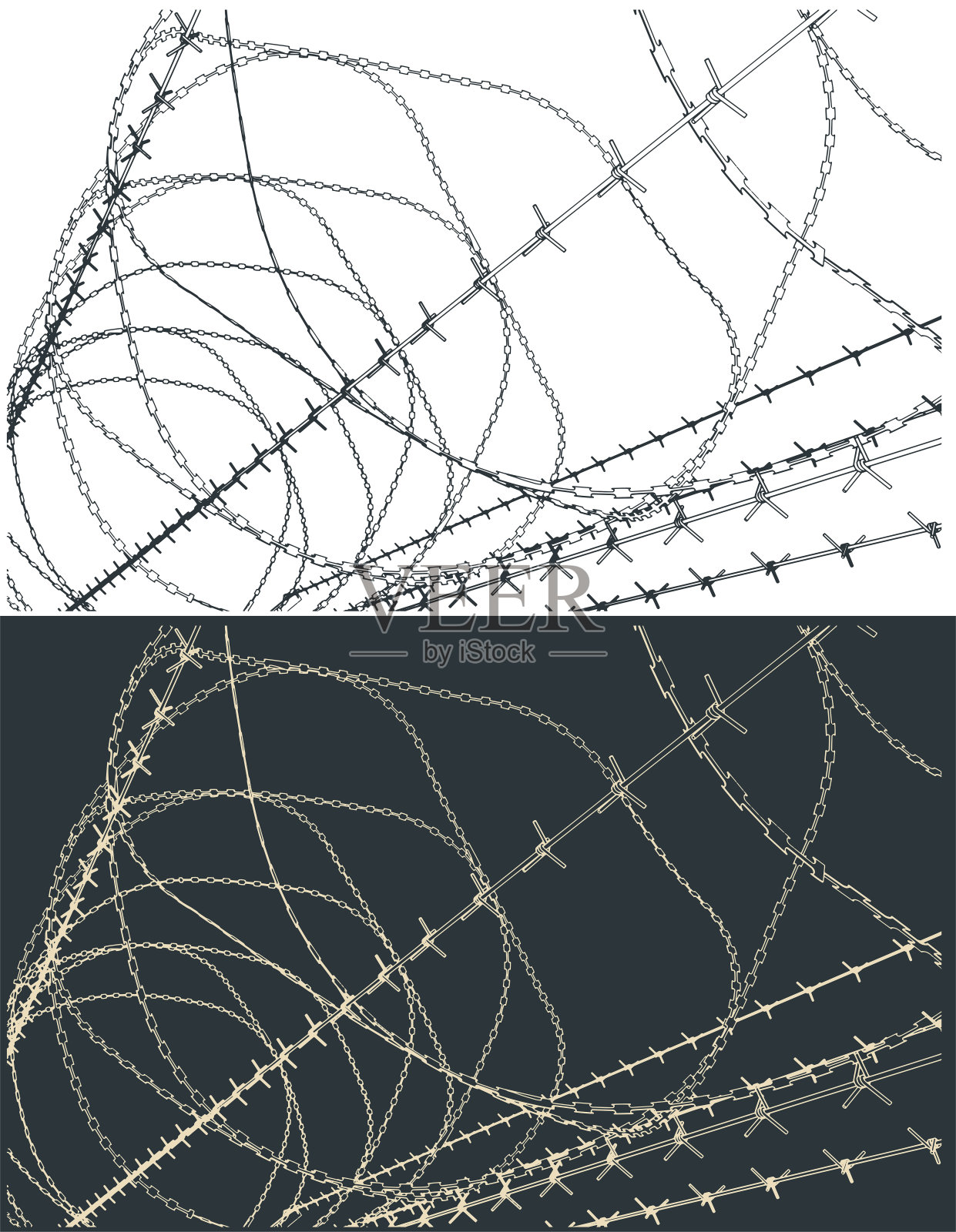 带刺铁丝网和剃刀胶带插画图片素材