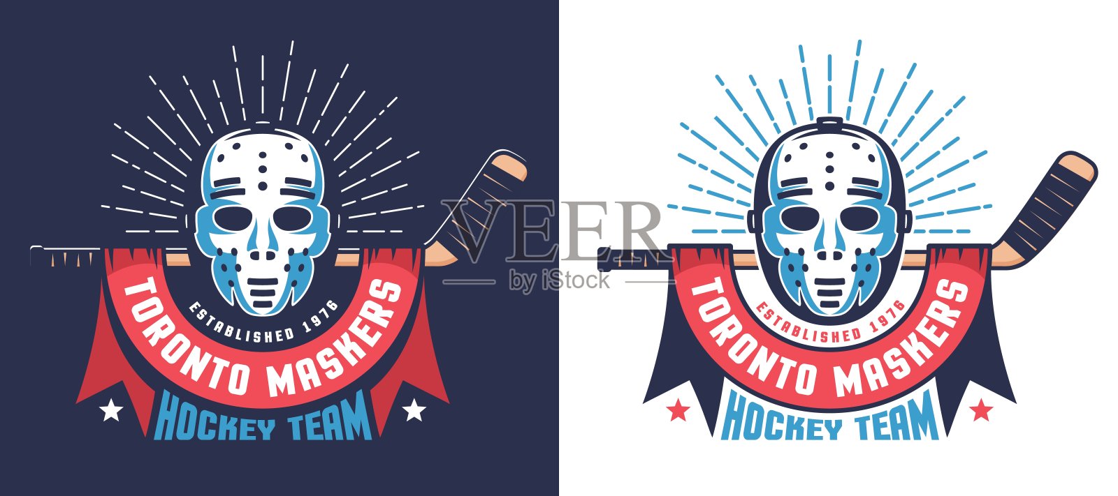 曲棍球徽章和复古守门员面具插画图片素材
