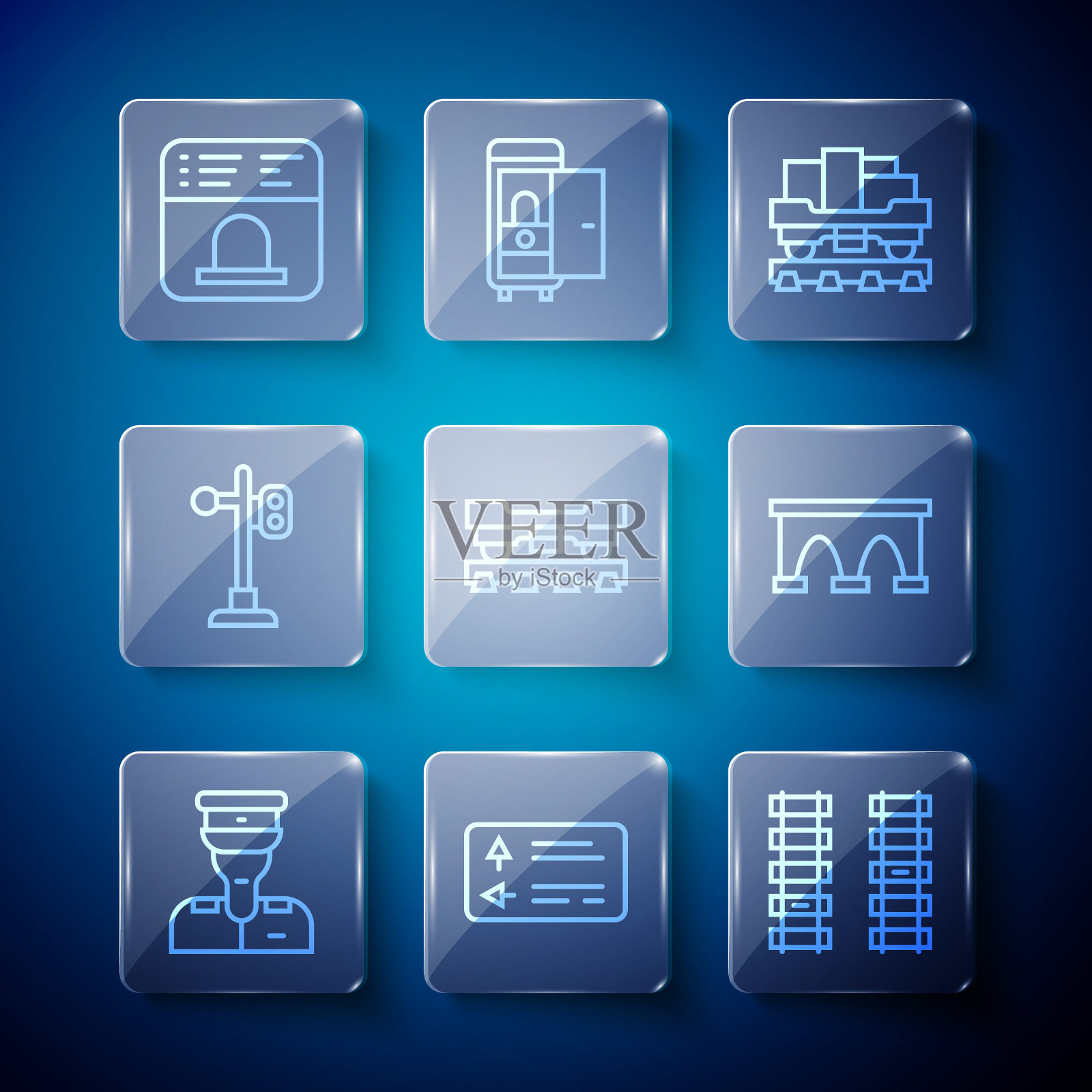 设置线路列车列车员、道路交通路标、铁路、铁路轨道、货车、轻轨、售票处购票和桥梁为图标。向量图标素材