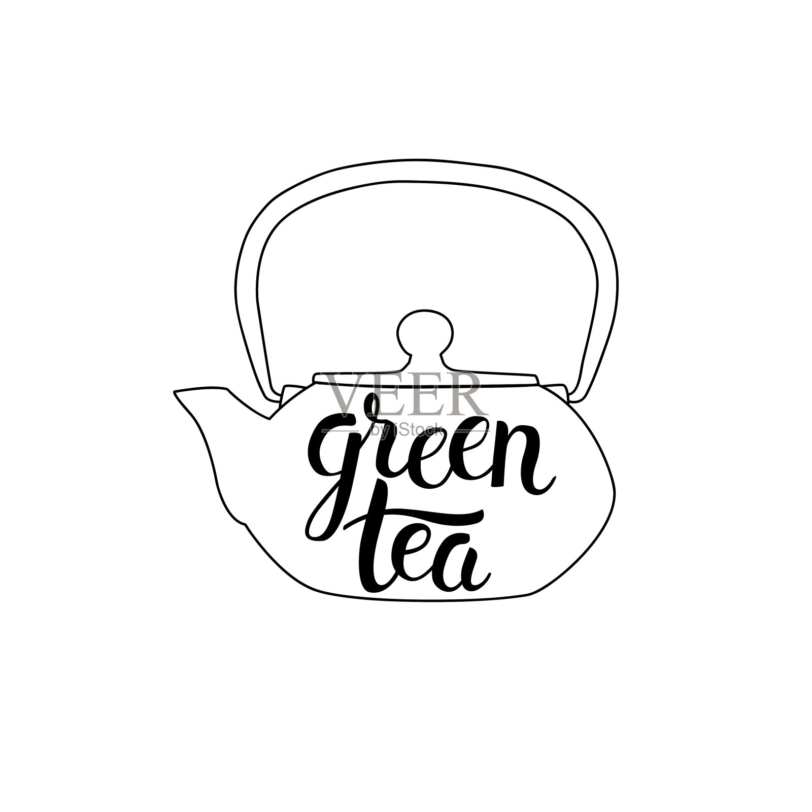 绿茶刻字和茶壶。插画图片素材