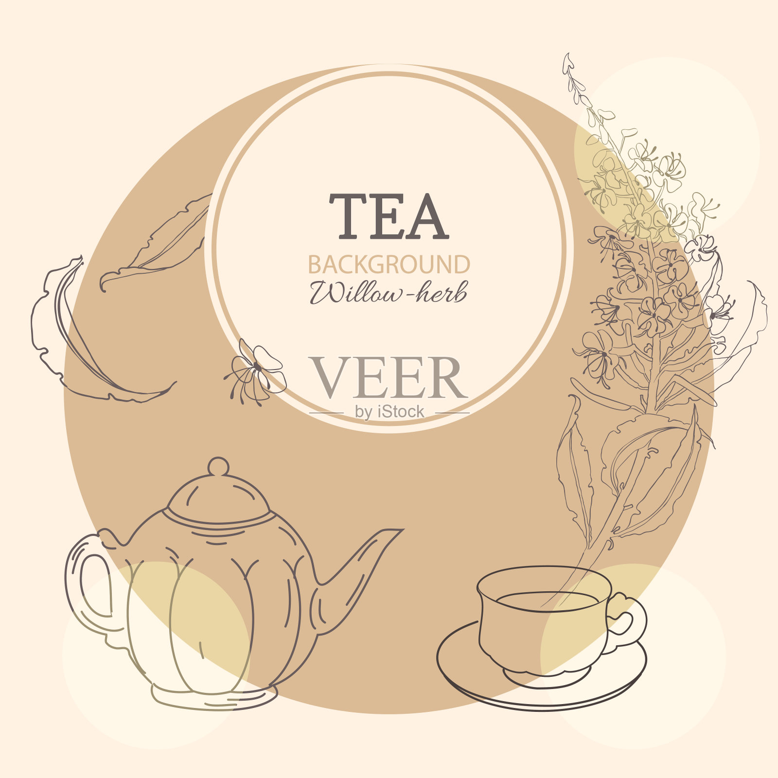 横幅与茶壶，一杯茶和一枝鲜花和杂草的叶子。插画图片素材