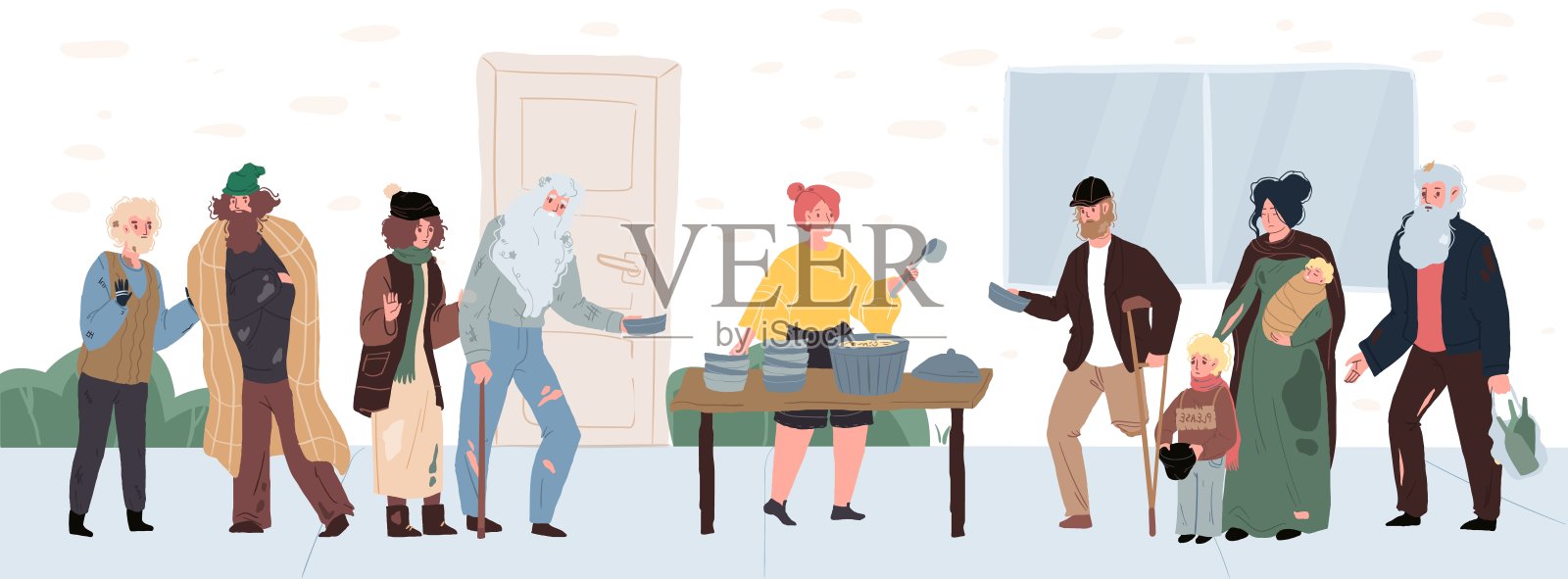 平卡通悲伤无家可归的人物在夜宿食堂，全球社会问题解决向量插图概念插画图片素材